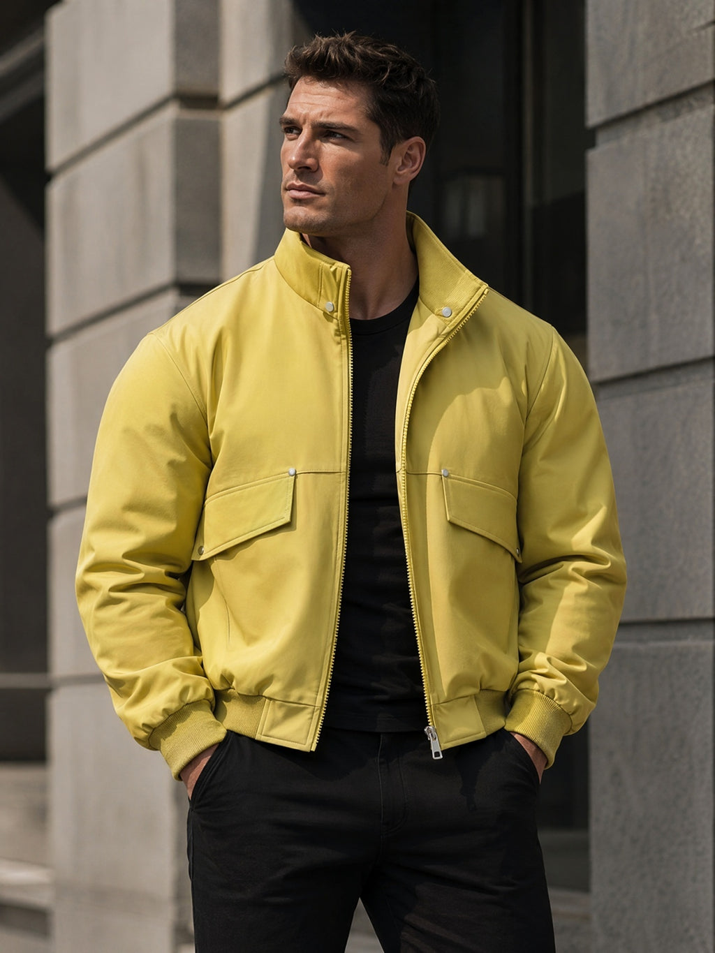 Veste matelassée, à capuche, jaune, détail du vêtement