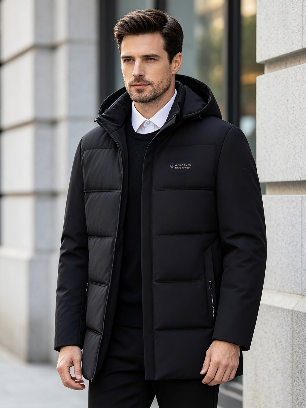 Manteau matelassé long pour homme, capuche amovible