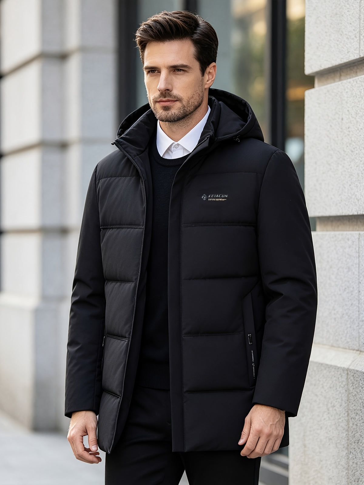 Manteau matelassé long pour homme, capuche amovible