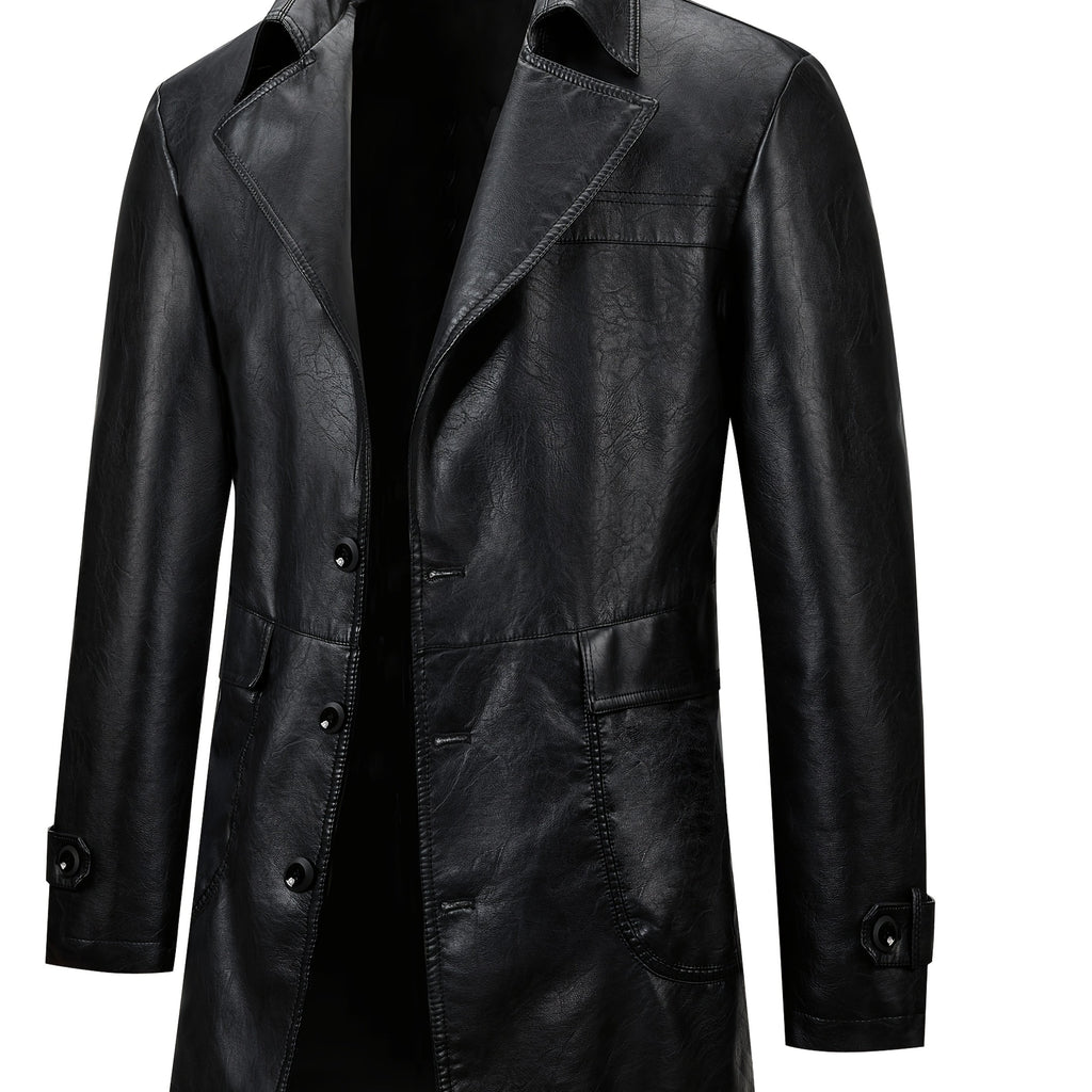 Manteau Homme Mi-Long Boutonné à Revers, Veste Rétro Facile et Décontractée en PU, coloris noir