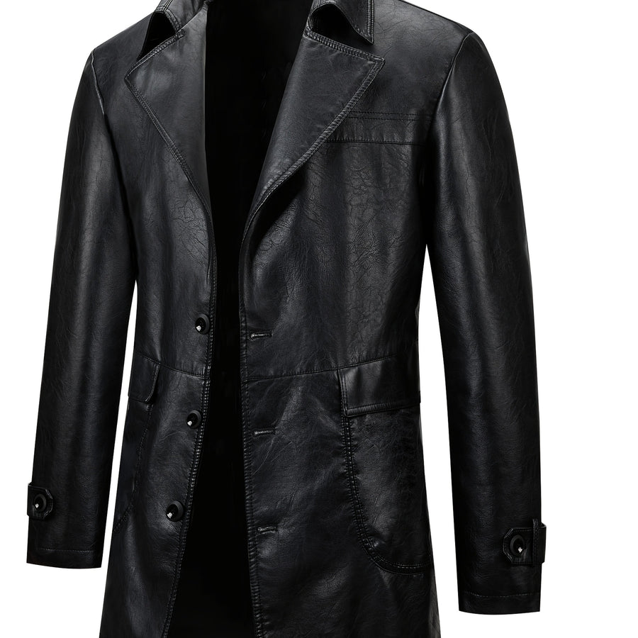 Manteau Homme Mi-Long Boutonné à Revers, Veste Rétro Facile et Décontractée en PU, coloris noir