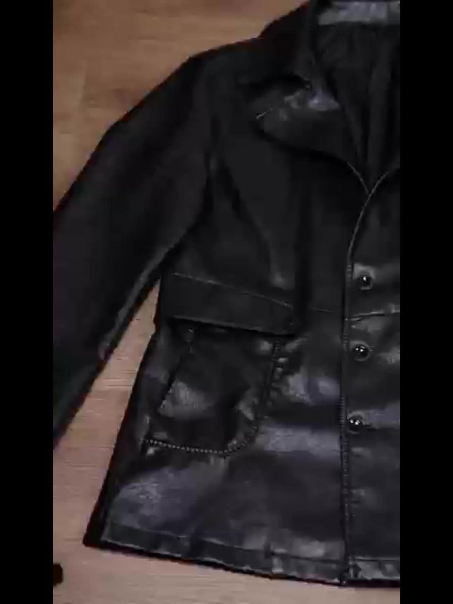 Manteau Homme Mi-Long Boutonné à Revers, Veste Rétro Facile et Décontractée en PU, photo 14
