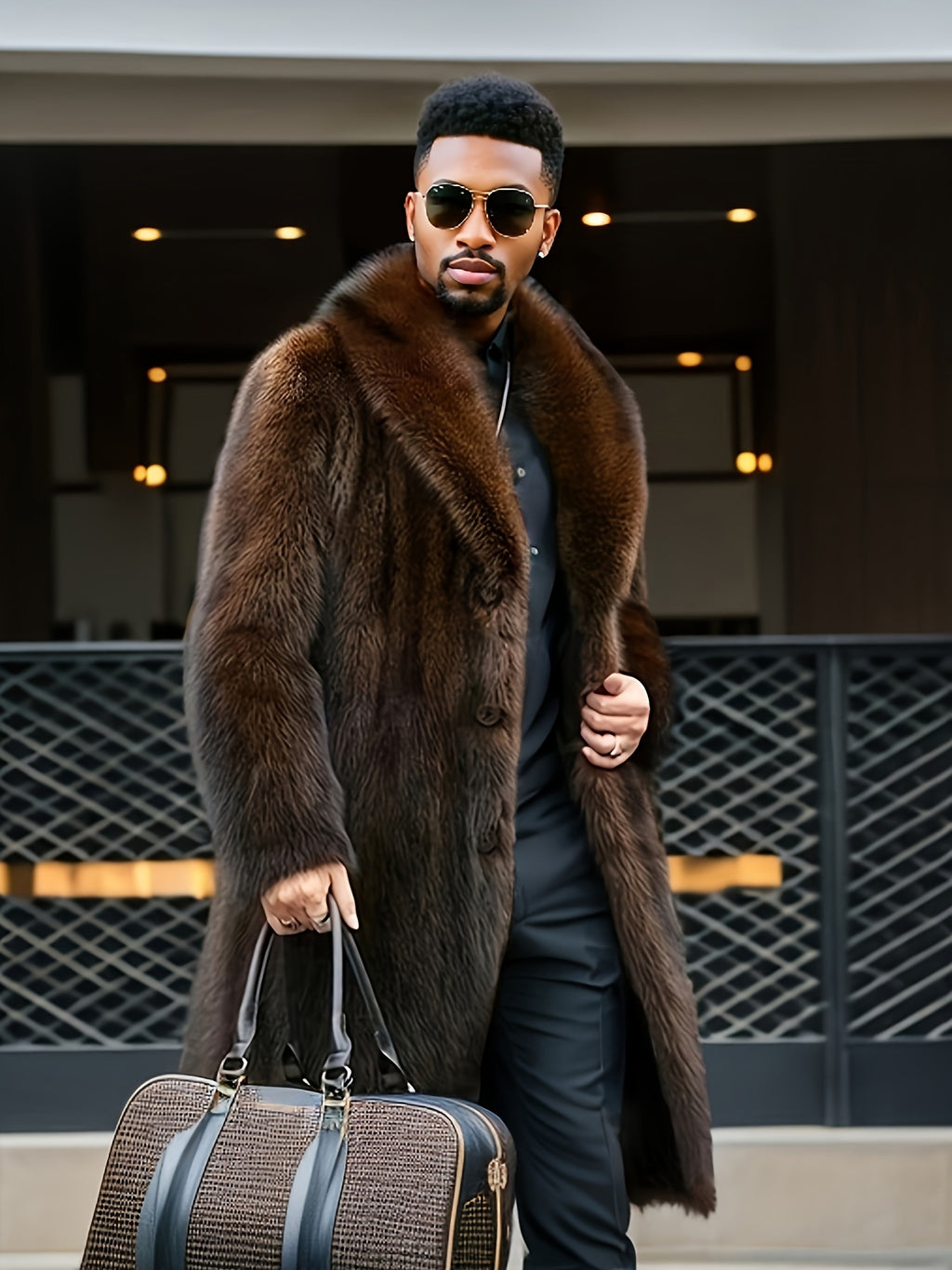 Manteau en fausse fourrure mi-long pour homme, à revers, mi-long