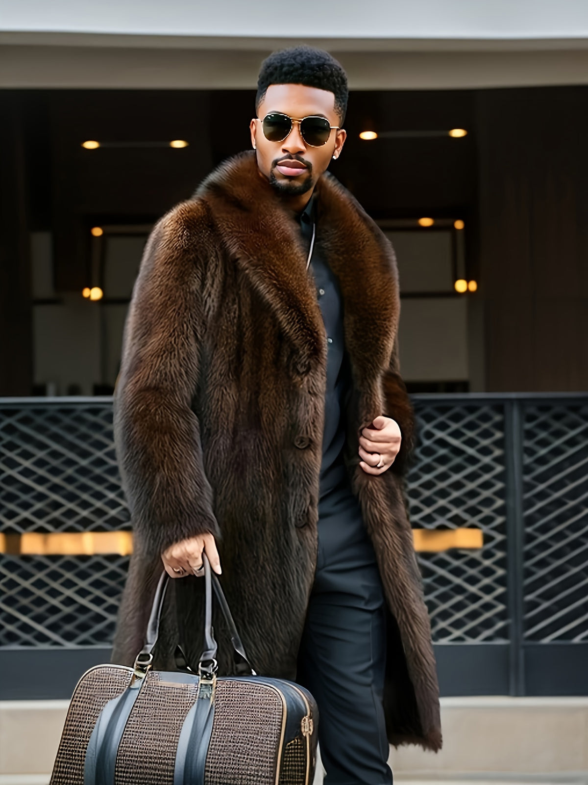 Manteau en fausse fourrure mi-long pour homme, à revers, mi-long