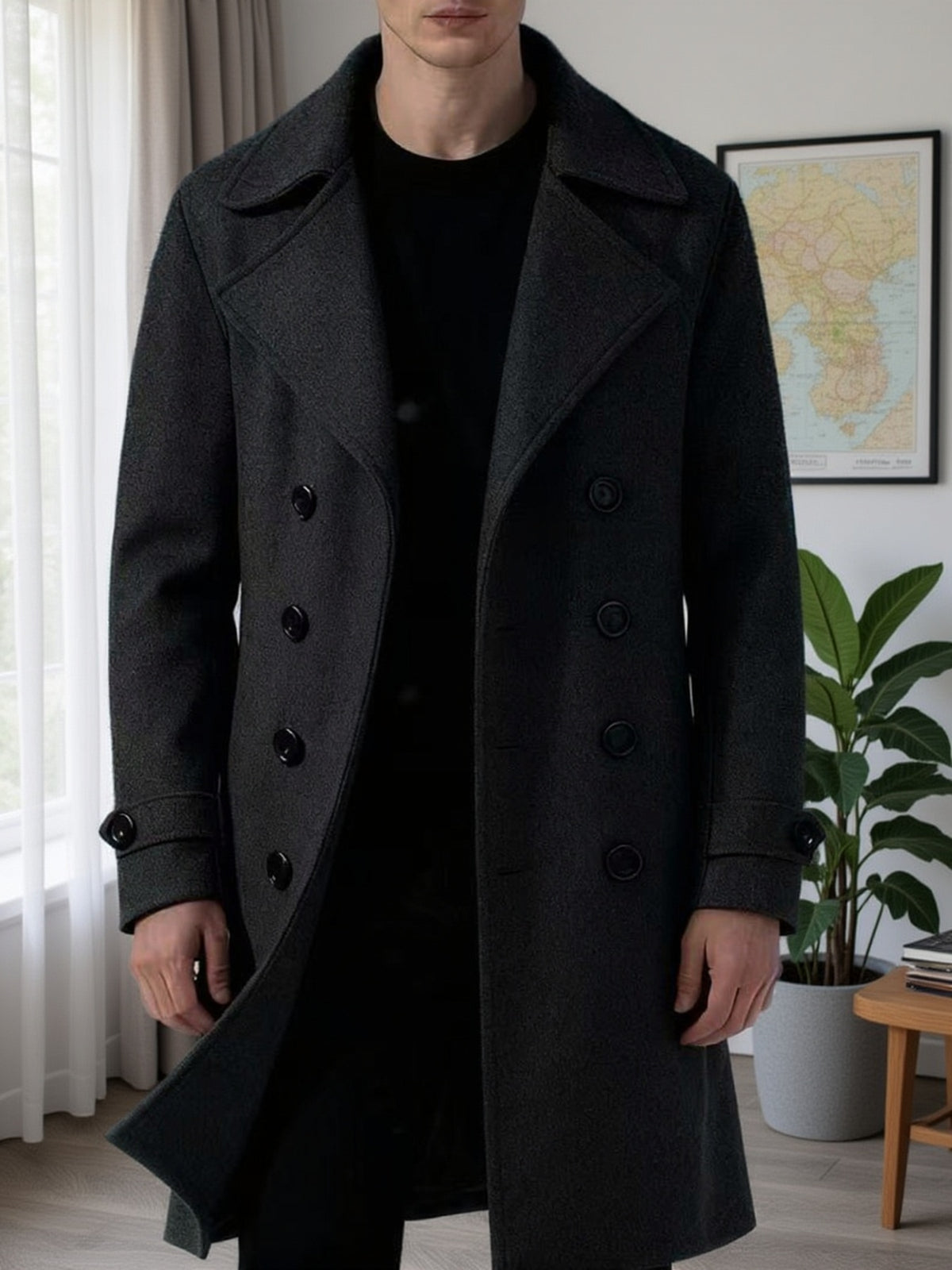 Manteau long pour homme, à revers, gris foncé