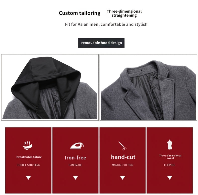 Manteau trench en velours pour homme, 30 % laine, capuche amovible