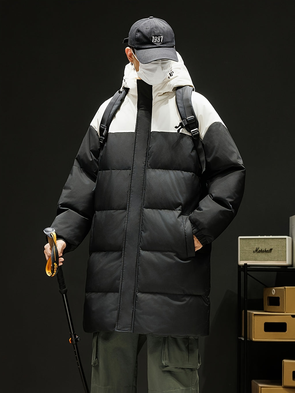 Manteau matelassé pour homme, à capuche, noir et blanc