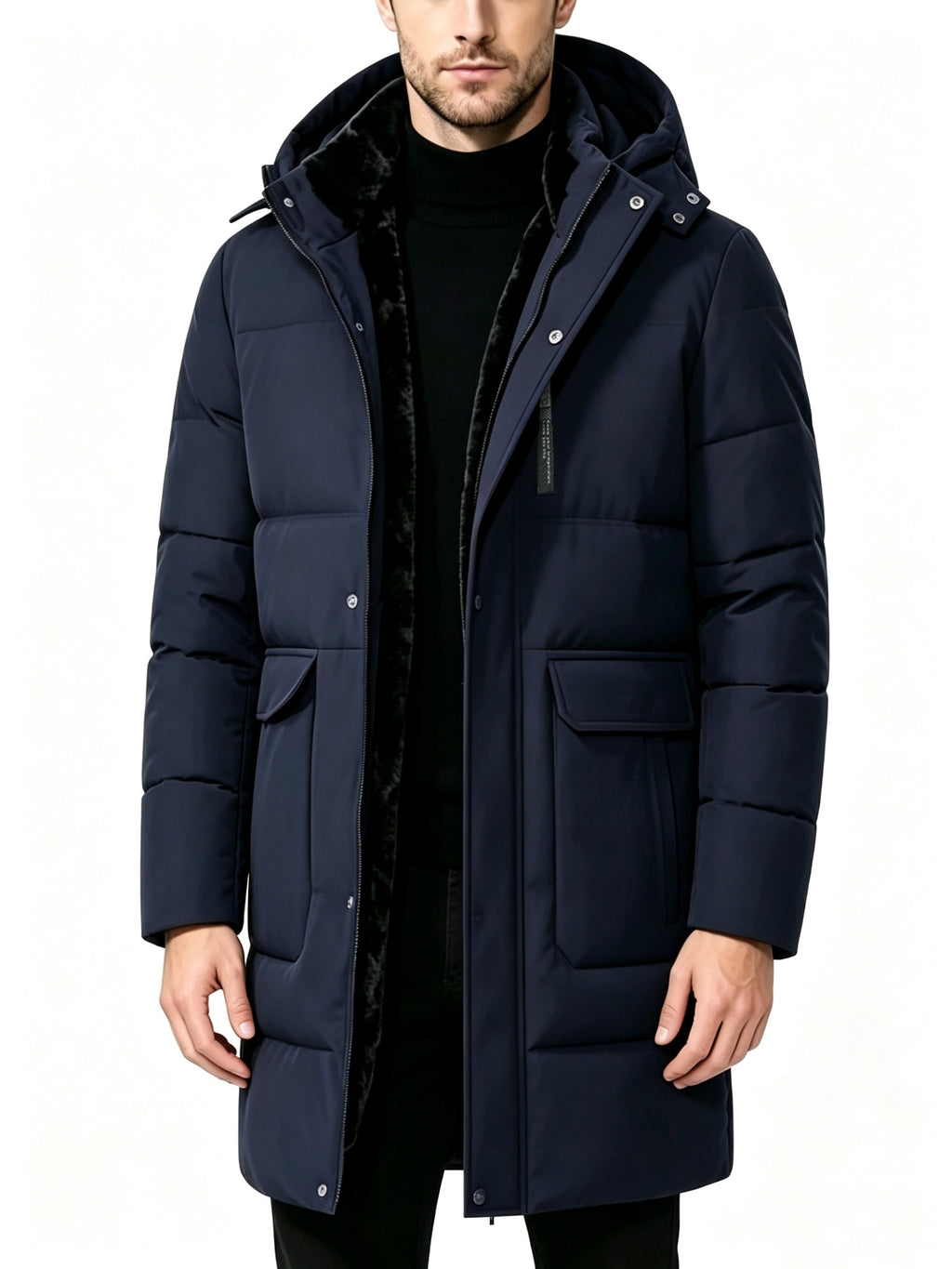 Pardessus matelassé long pour homme, à capuche
