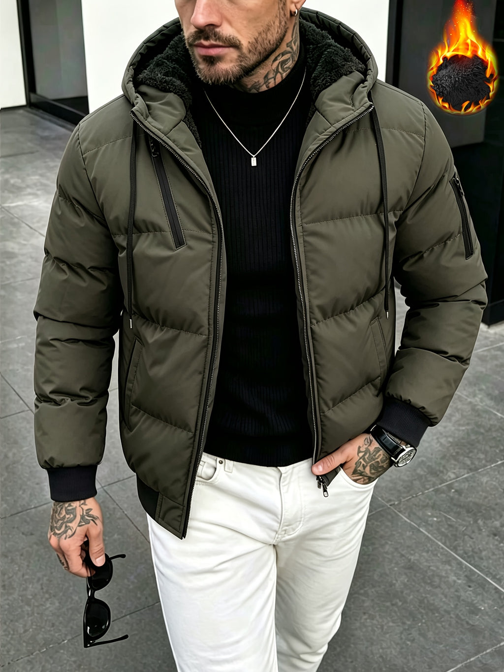 Manteau pour homme, polaire, à capuche, vert
