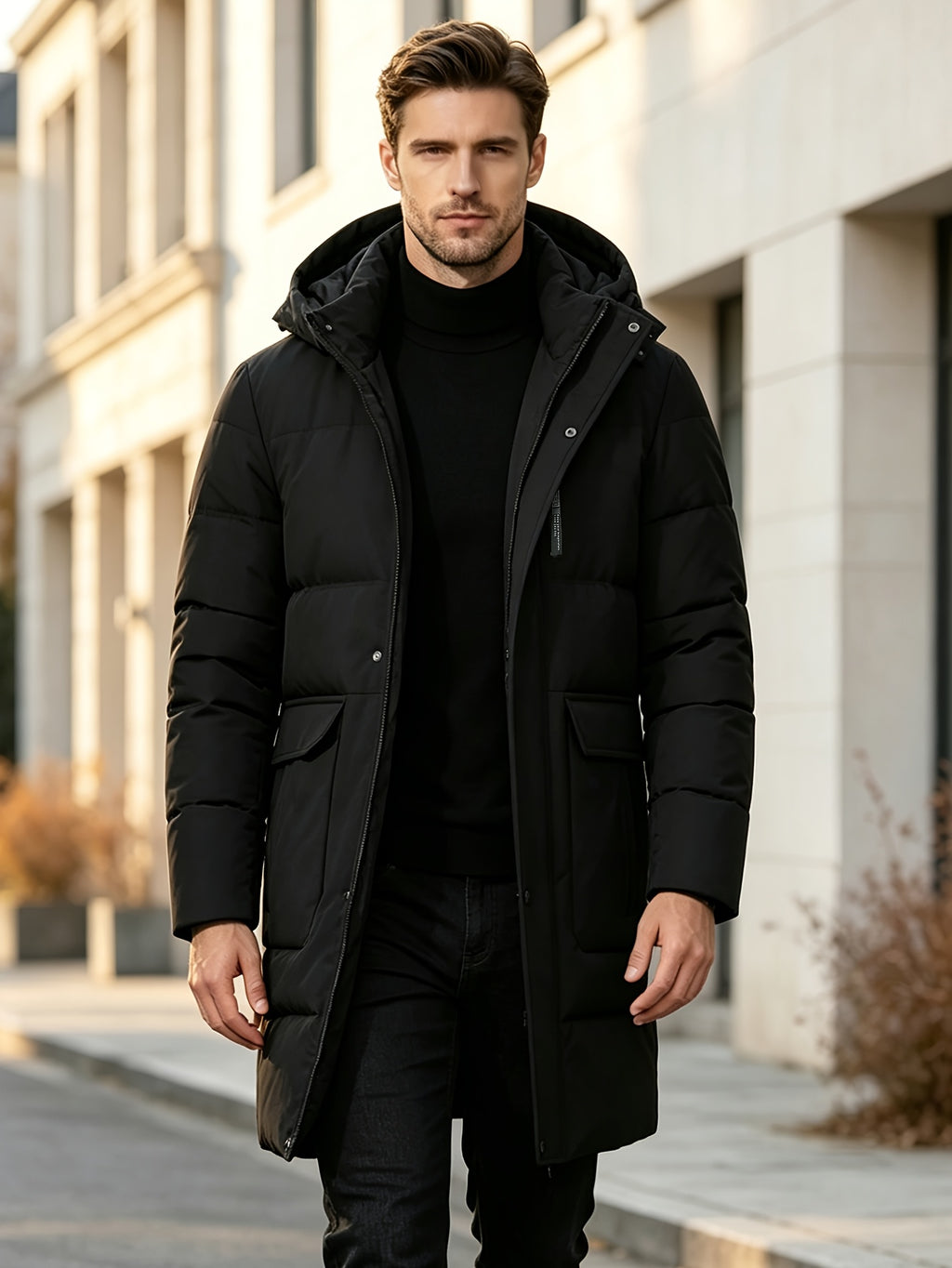 Pardessus matelassé long pour homme, à capuche