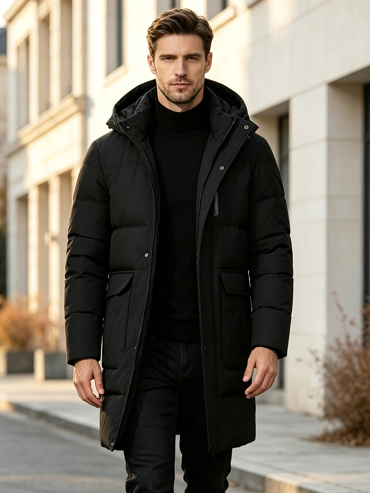 Pardessus matelassé long pour homme, à capuche