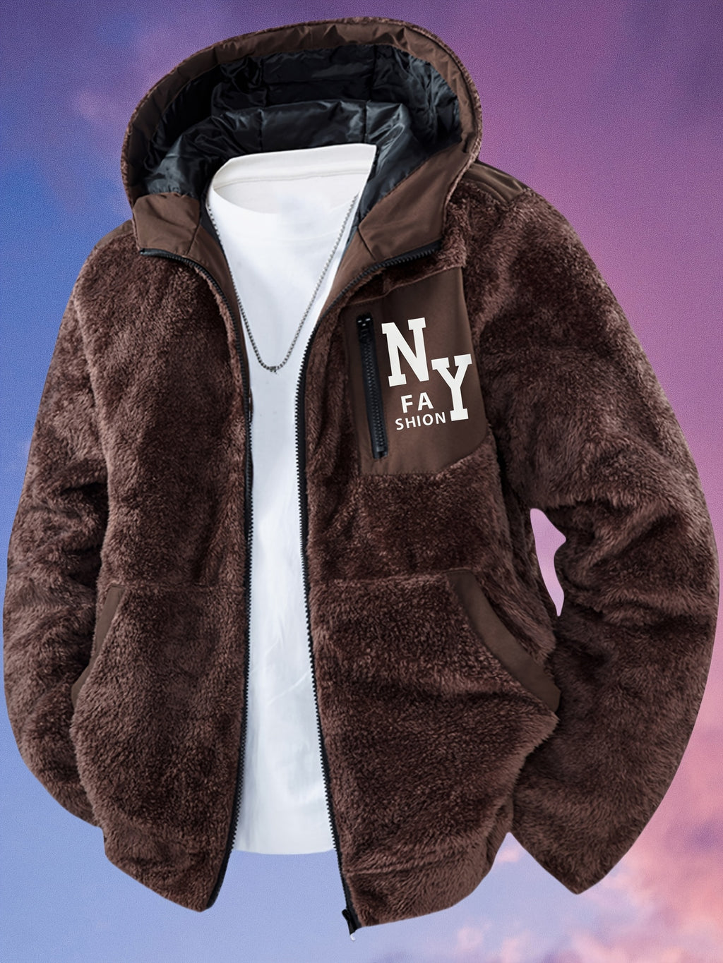 Veste en fausse fourrure pour homme, à capuche, kaki
