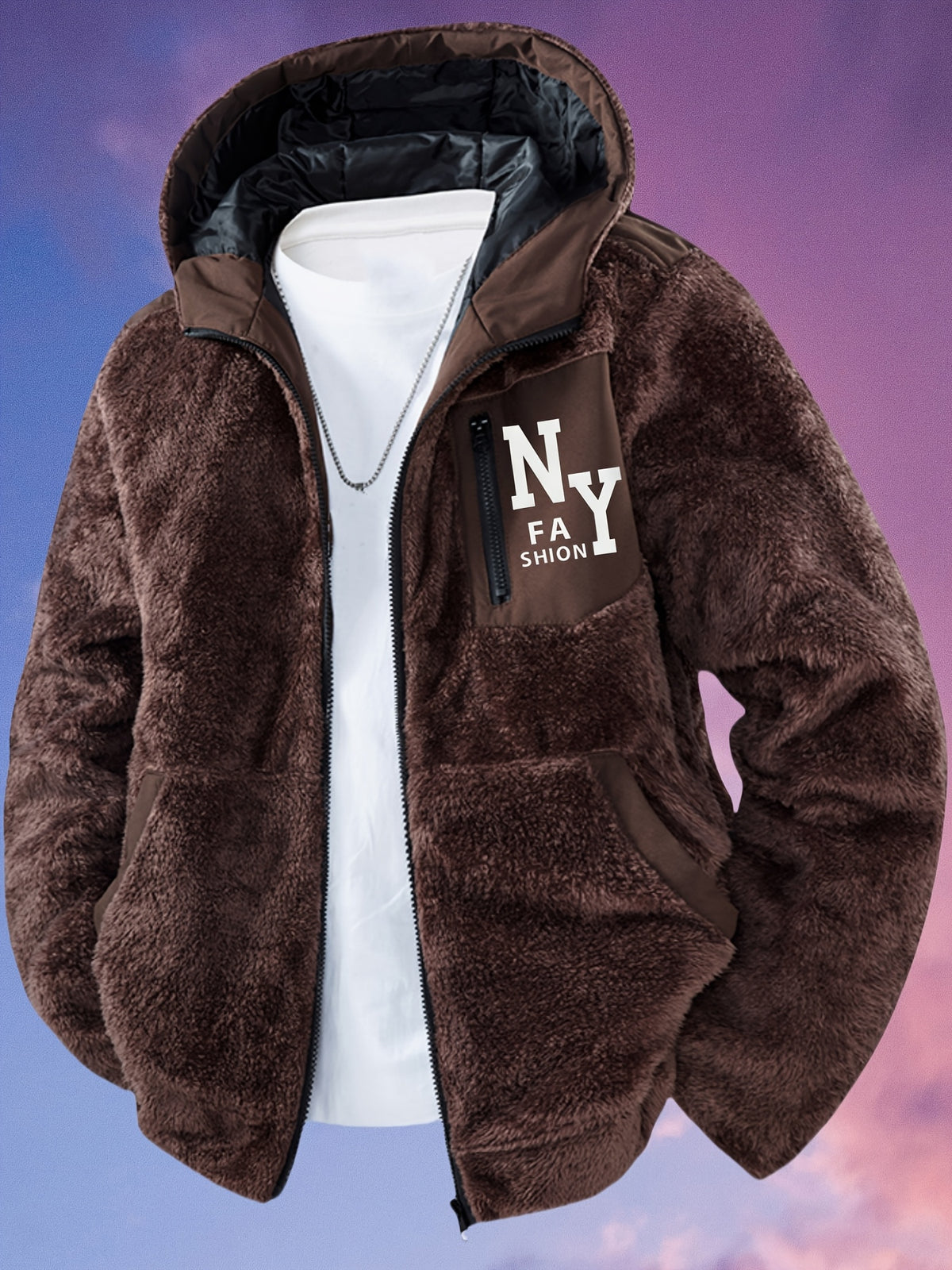 Veste en fausse fourrure pour homme, à capuche, kaki