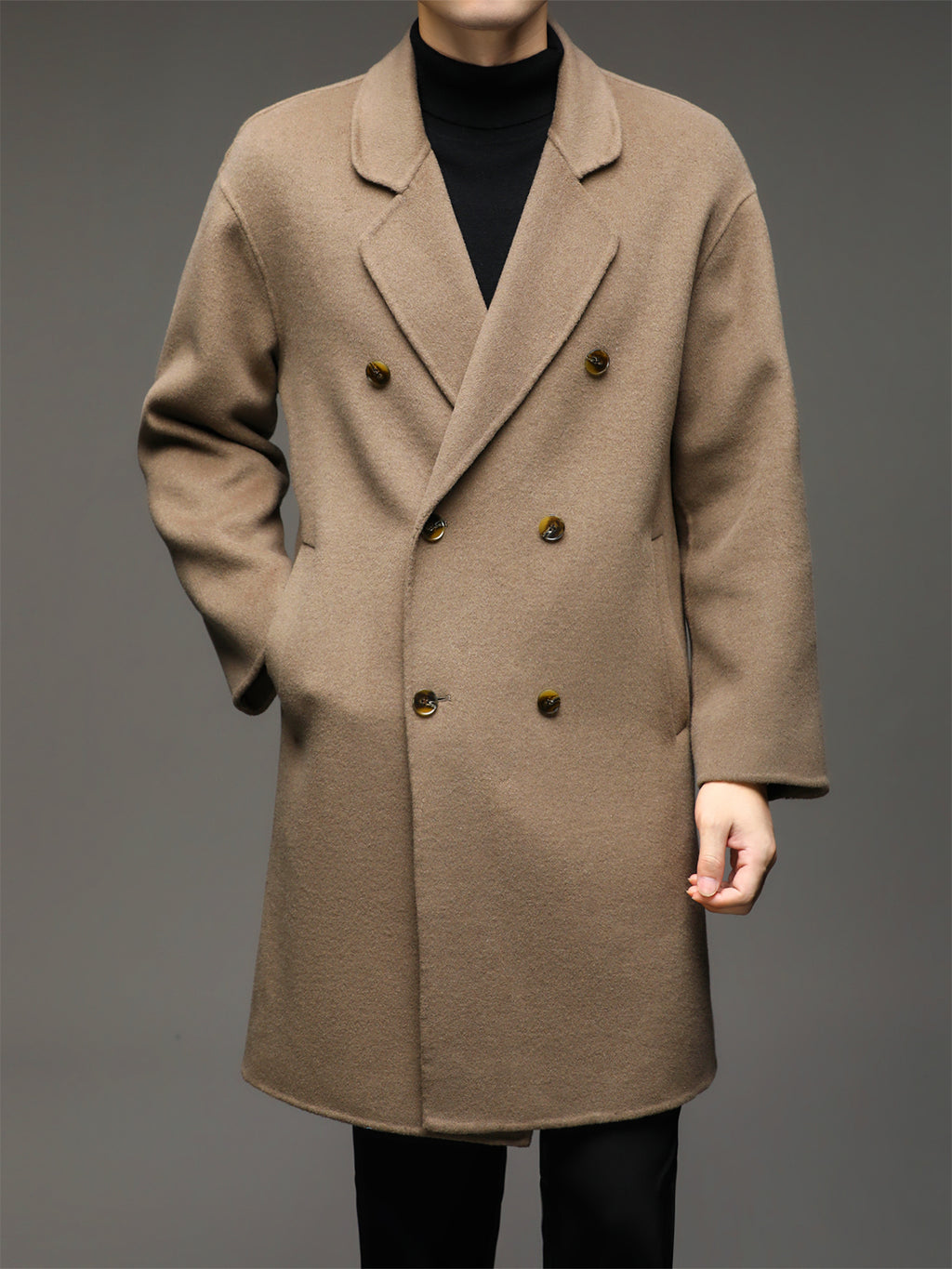 Manteau mi-long en laine pour homme, 70 % laine, col à revers