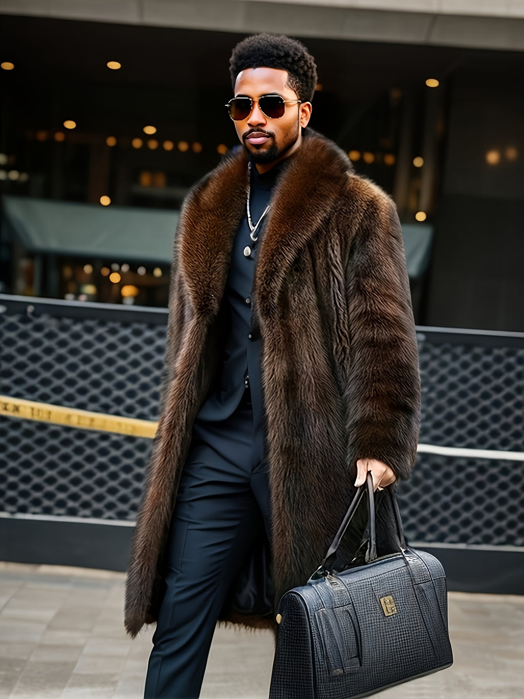 Manteau en fausse fourrure mi-long pour homme, à revers, mi-long