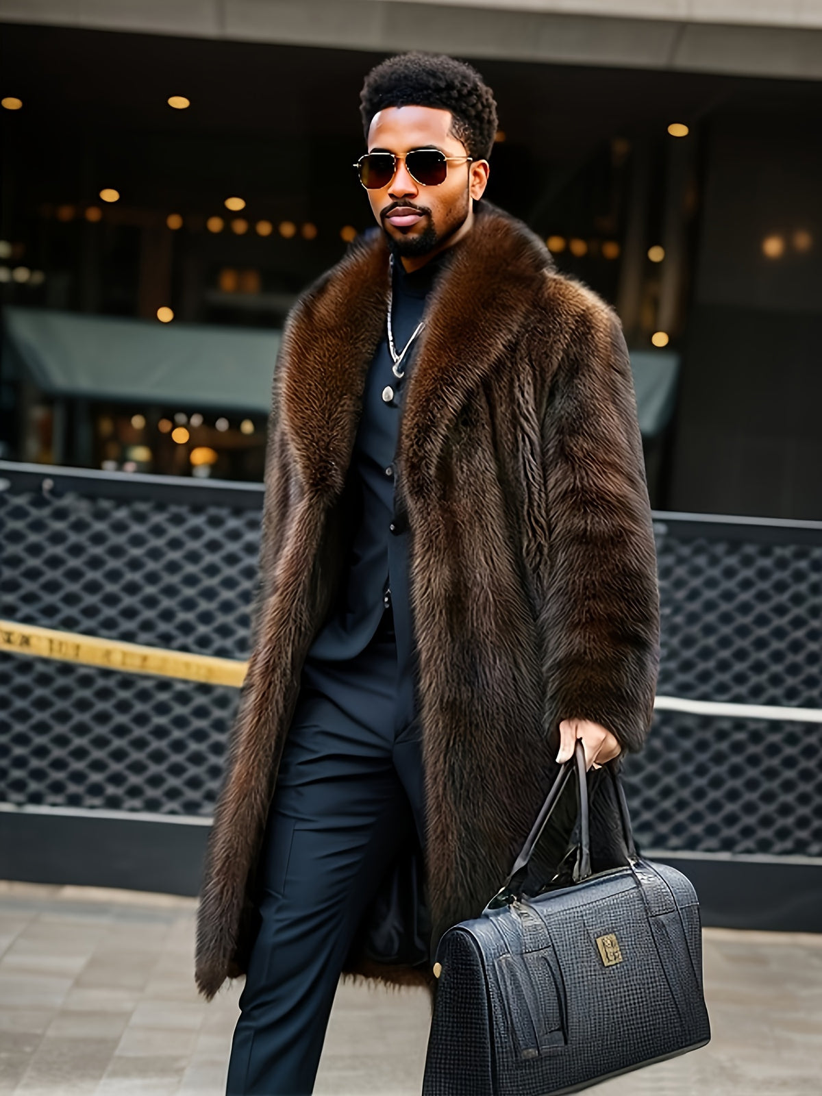 Manteau en fausse fourrure mi-long pour homme, à revers, mi-long
