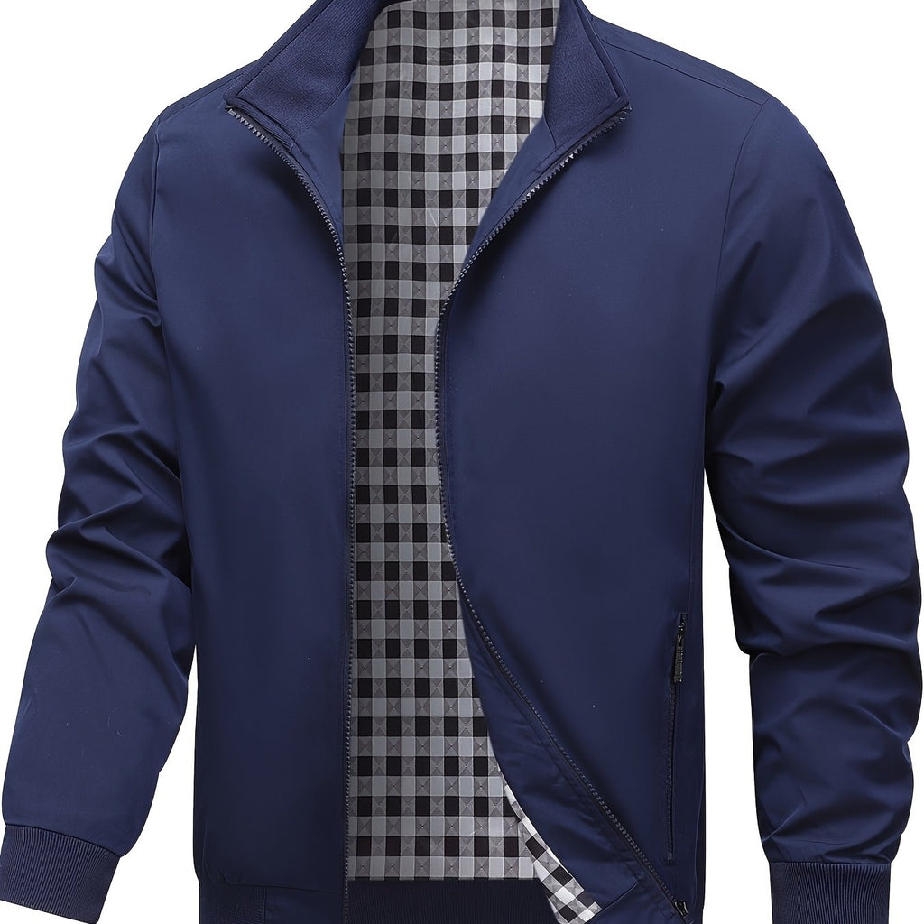 Veste, à carreaux, à col montant, noir, coloris bleu, détail