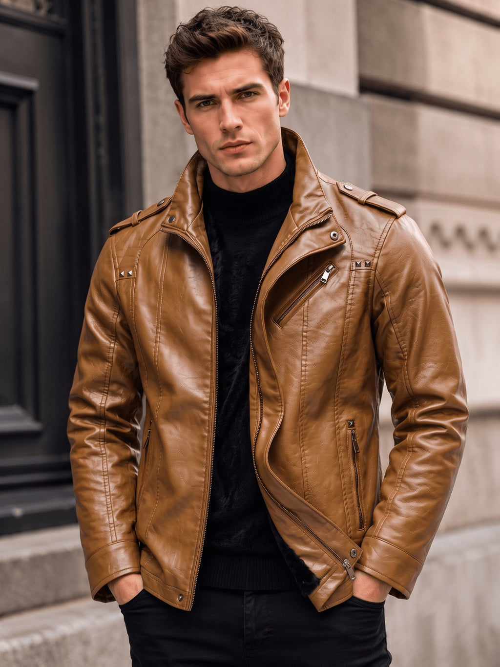Veste en cuir PU longue, à col montant, détail du vêtement