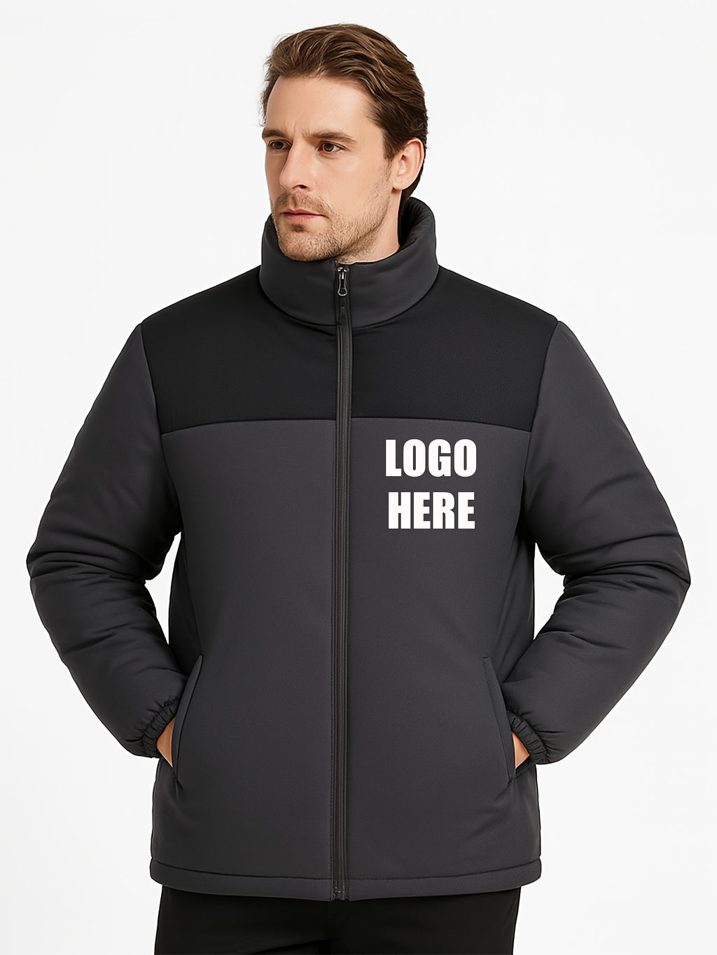Veste pour homme, à col montant, noir et gris