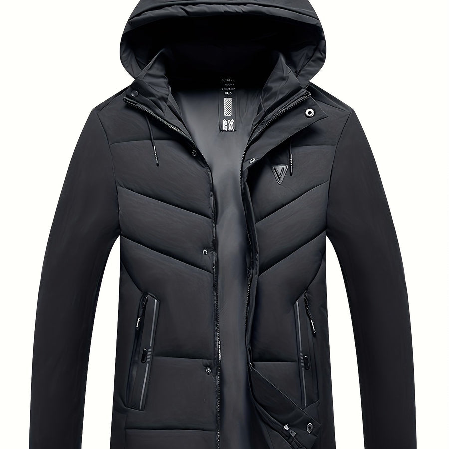 Manteau matelassé long, à col montant, noir, coloris bleu marine