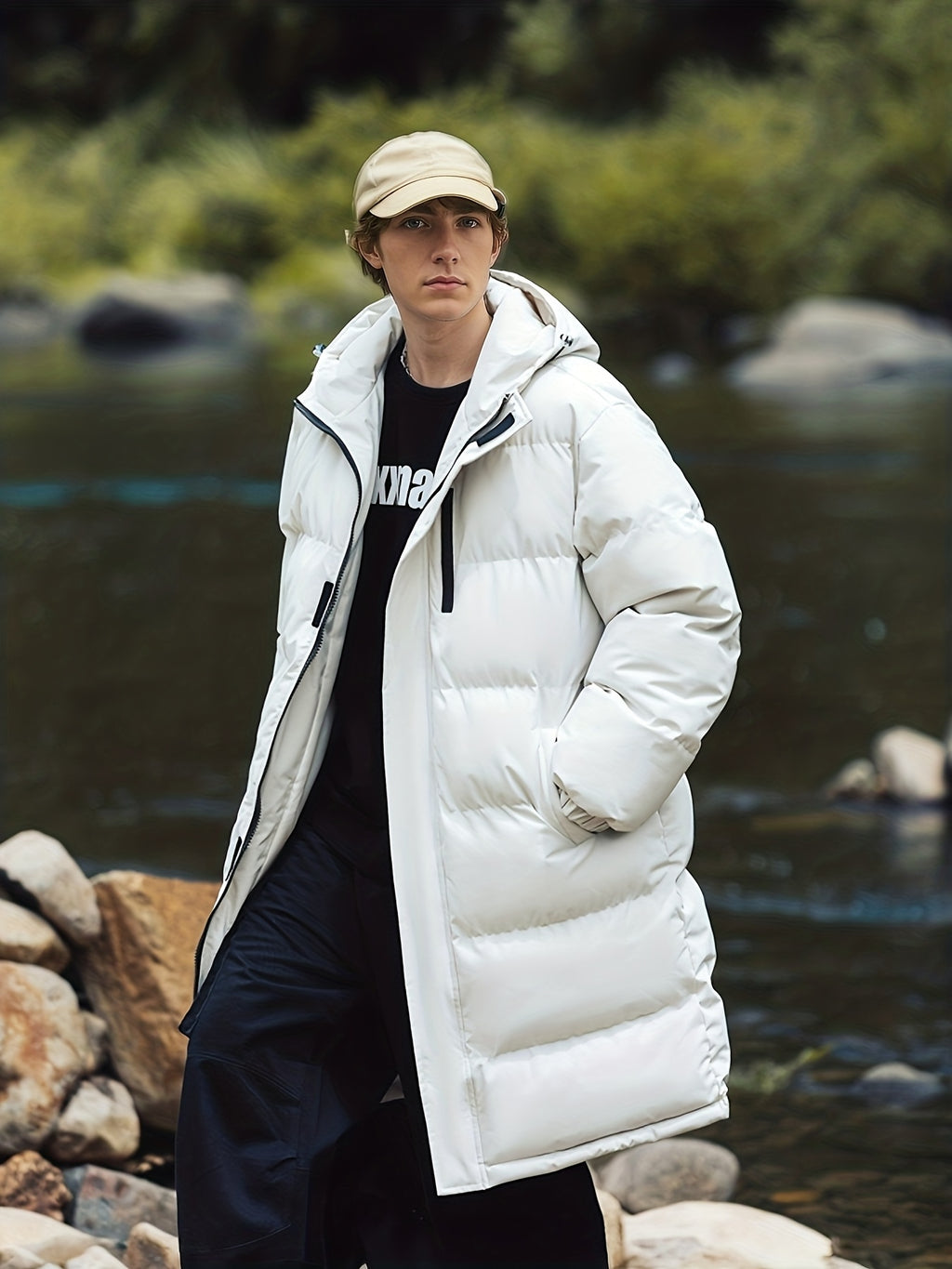 Manteau pour homme, à capuche, blanc ivoire