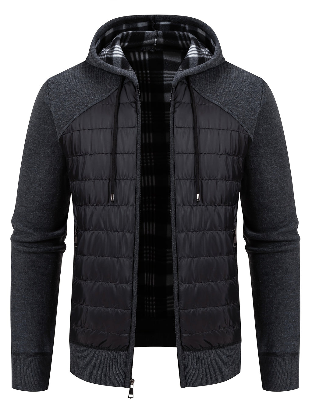 Manteau matelassé long pour homme, patchwork, à capuche