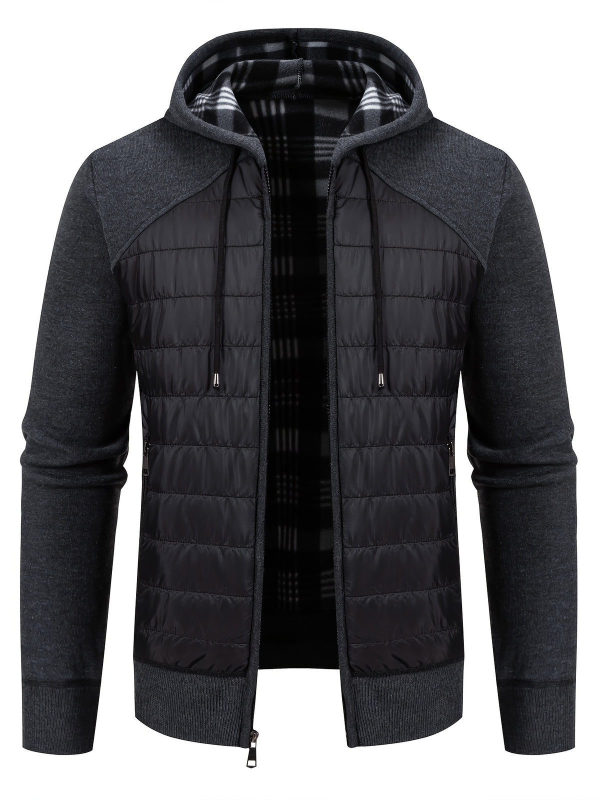 Manteau matelassé long pour homme, patchwork, à capuche