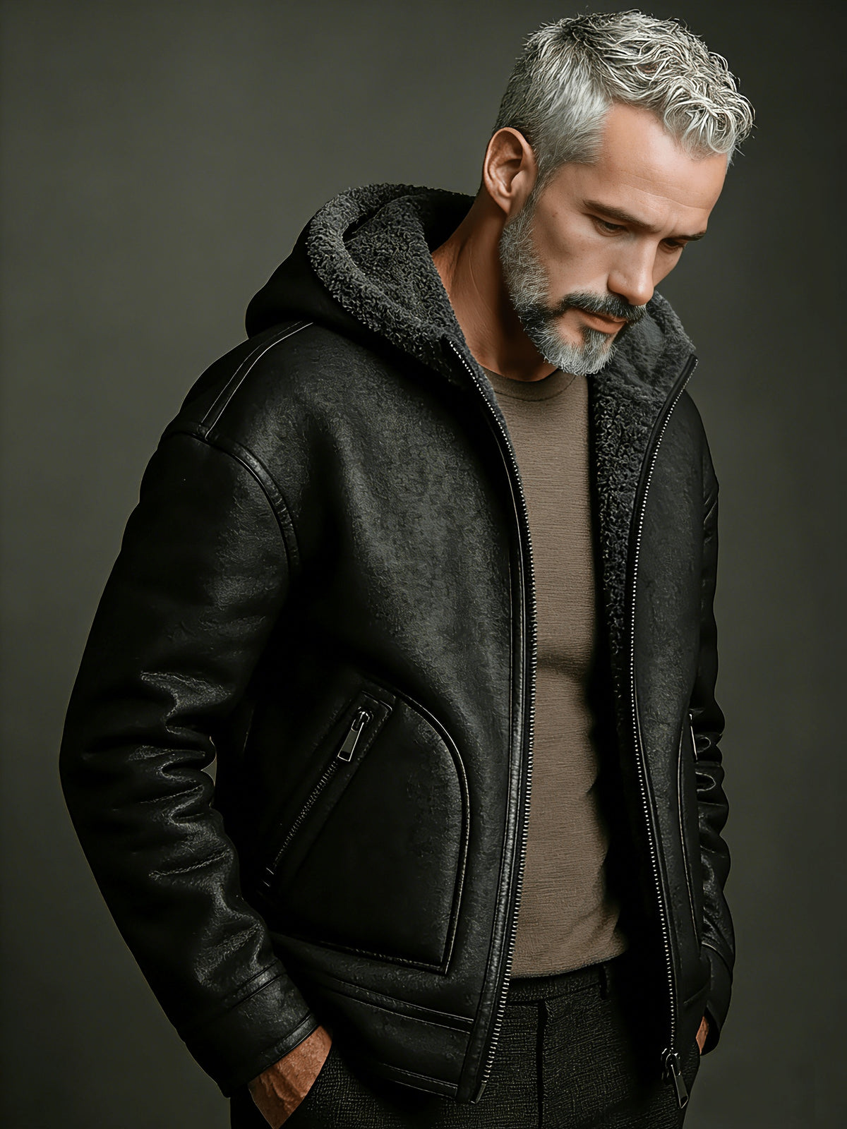 Manteau en fausse fourrure long pour homme, velours, à capuche