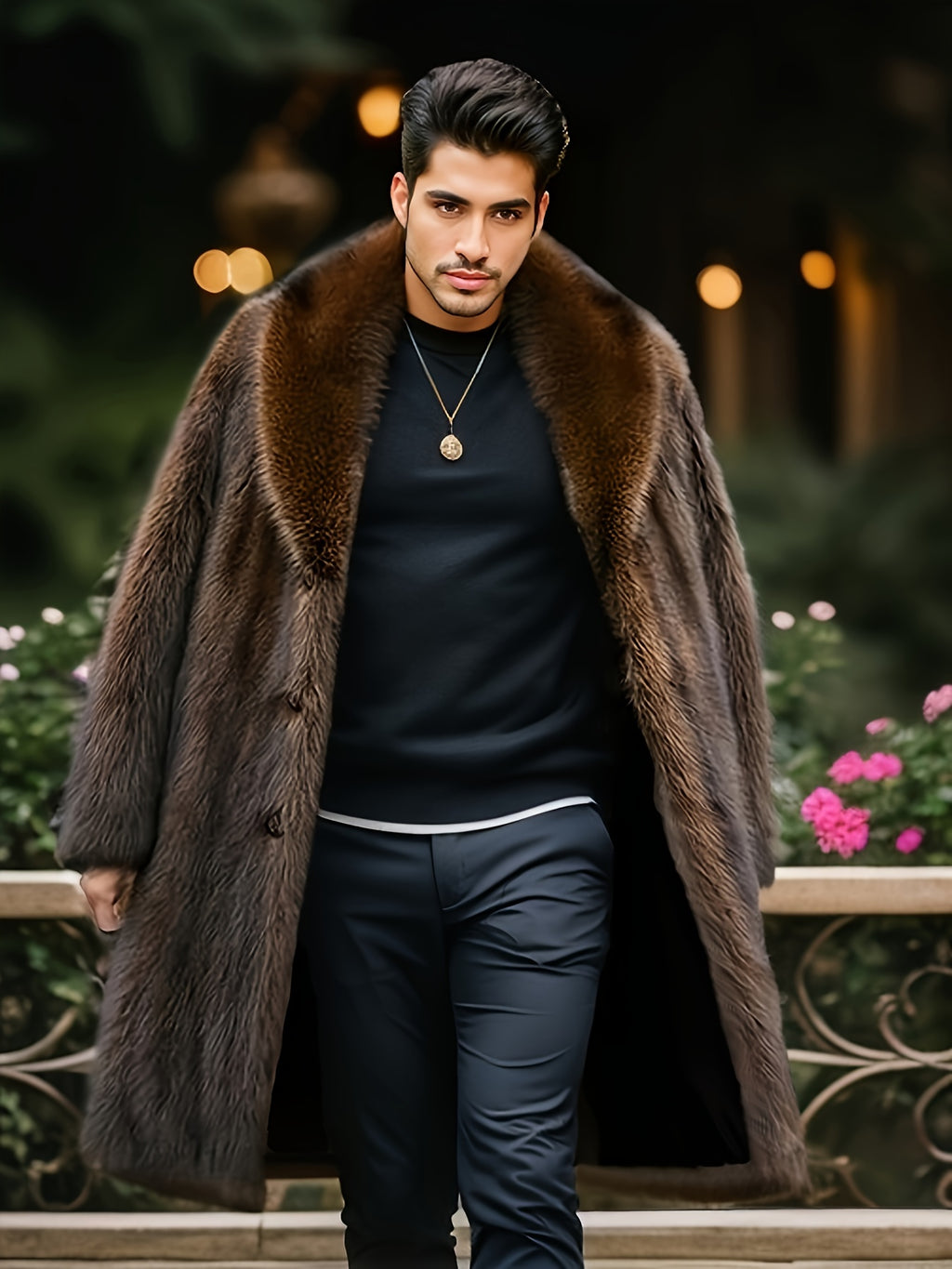 Manteau en fausse fourrure mi-long pour homme, à revers, mi-long