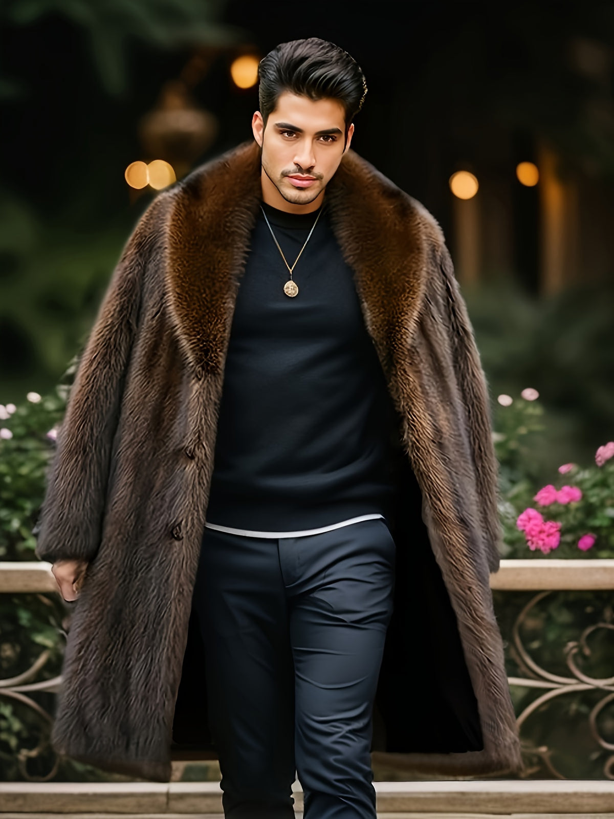Manteau en fausse fourrure mi-long pour homme, à revers, mi-long