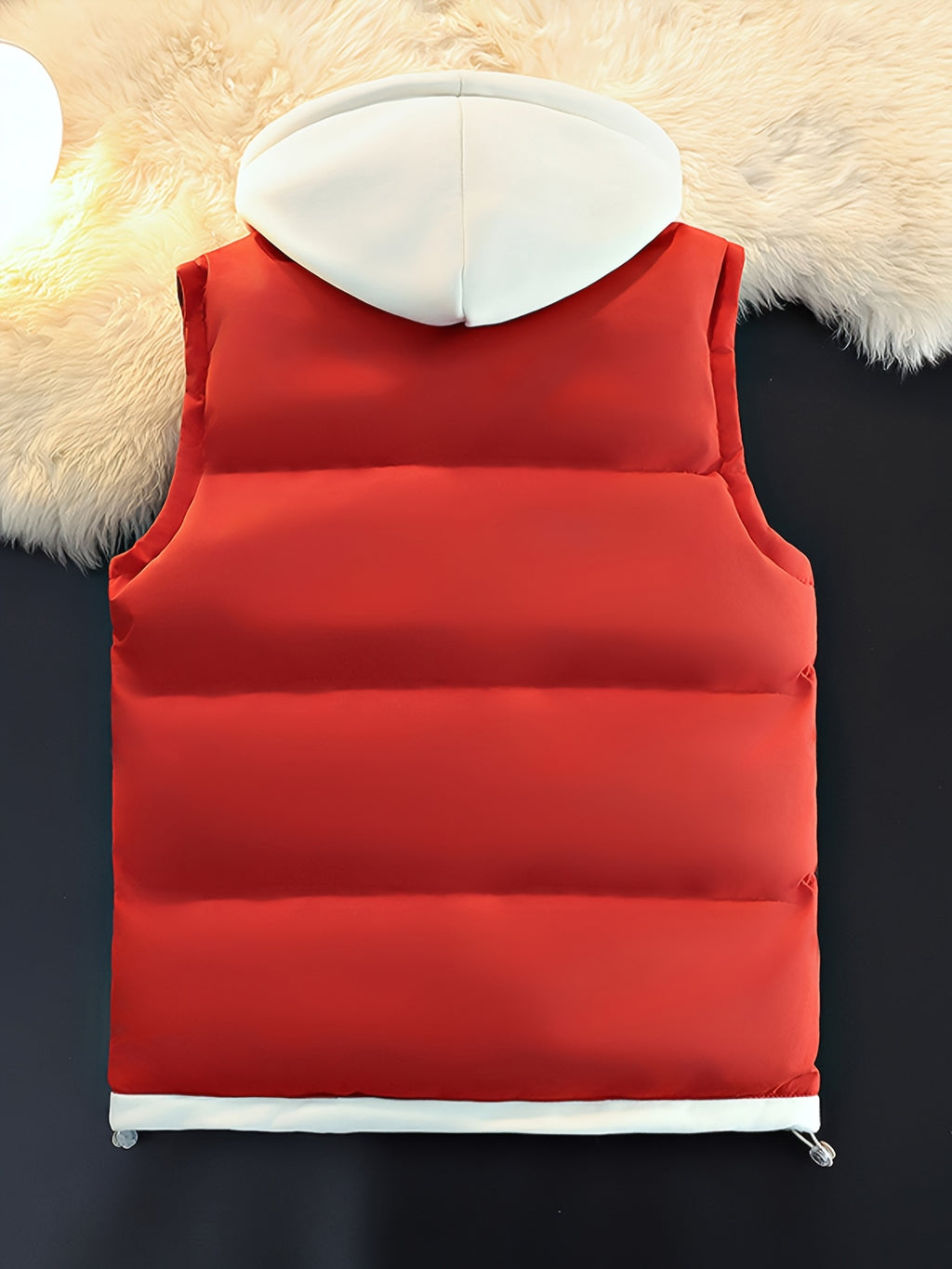 Gilet d'hiver chaud, design tendance sans manches aspect 2-en-1, capuche à cordon de serrage réglable, fermeture avant double ouverture par boutons-pression et fermeture éclair, poche de rangement pratique à insertion latérale, détails de bordu, détail du vêtement