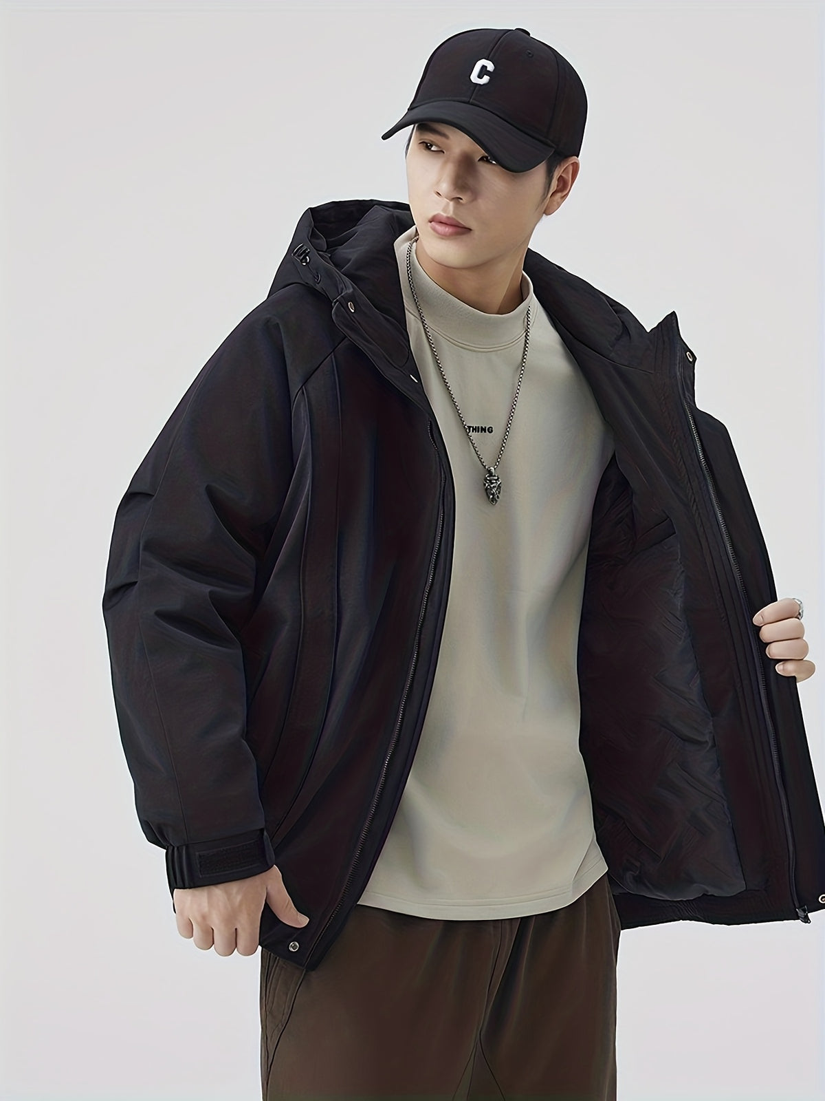 Manteau matelassé pour homme, à capuche, noir