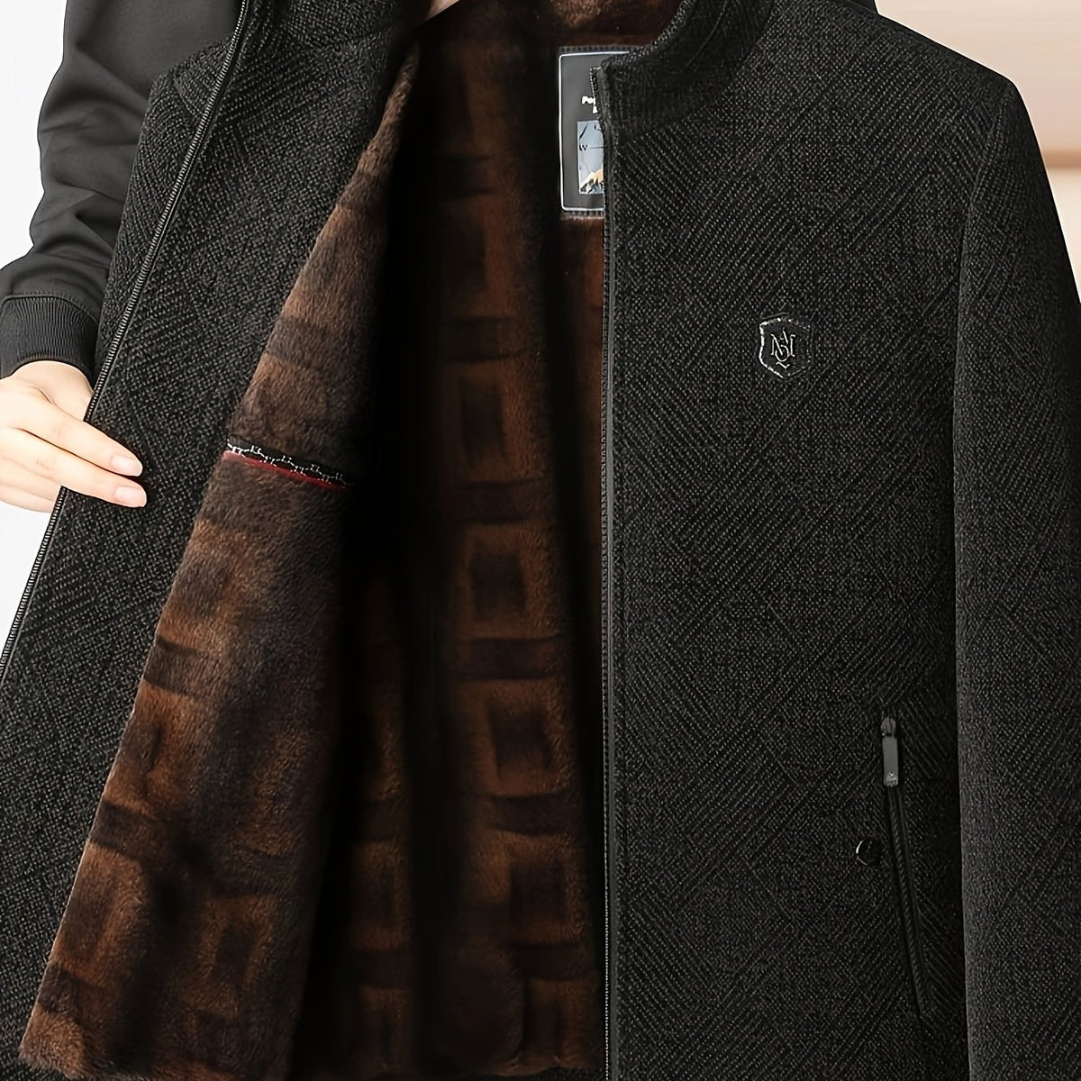 Veste longue, à col montant, noir, coloris brun café, détail Image