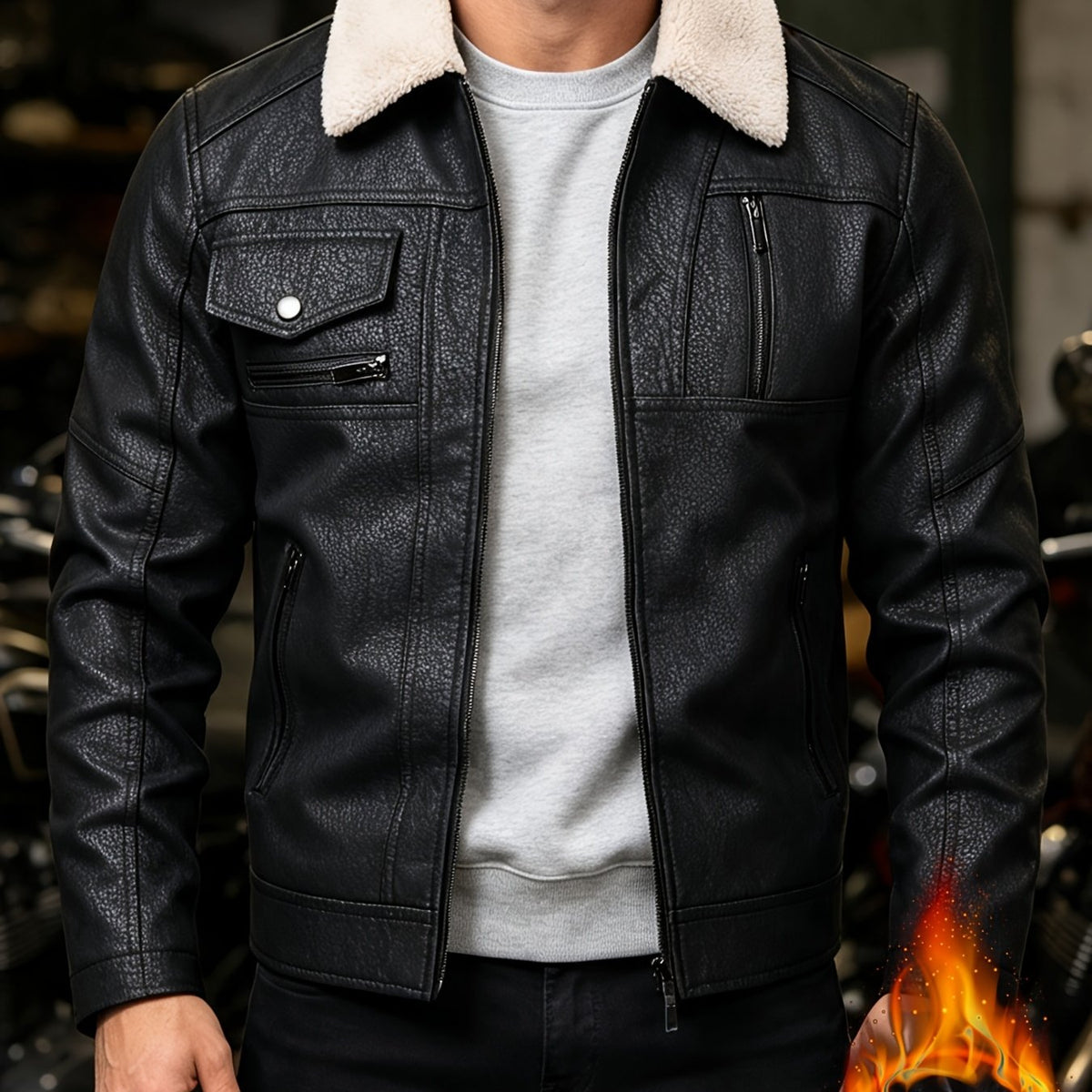 Veste de moto en PU pelucheux avec doublure à revers, doublure épaisse et chaude, tissu à texture vintage, multiples poches à fermeture éclair, coupe slim courte, tenue décontractée américaine pour la conduite et les trajets automne/hiver, vête, coloris noir Image
