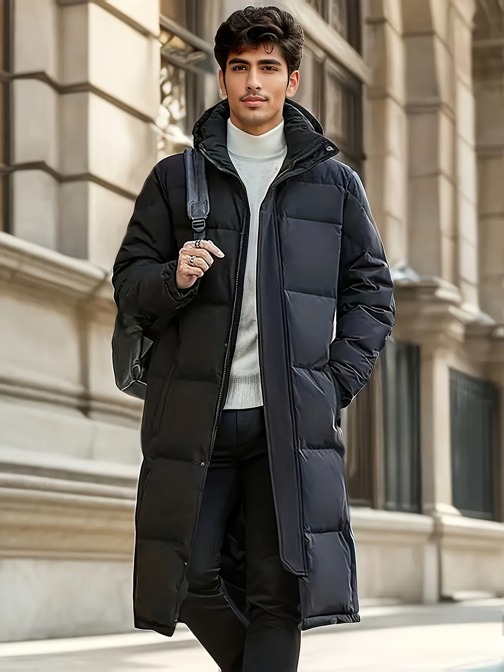 Manteau matelassé long pour homme, coupe-vent, à capuche, long