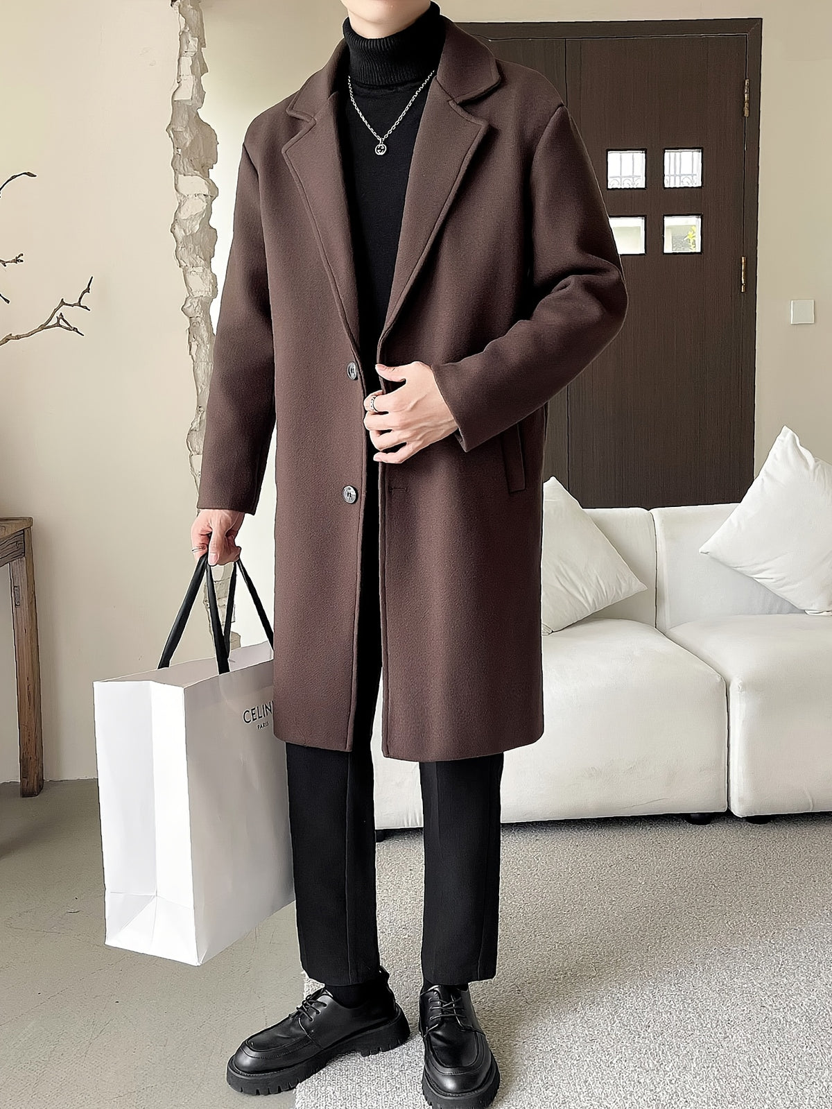 Trench mi-long pour homme, à revers, café