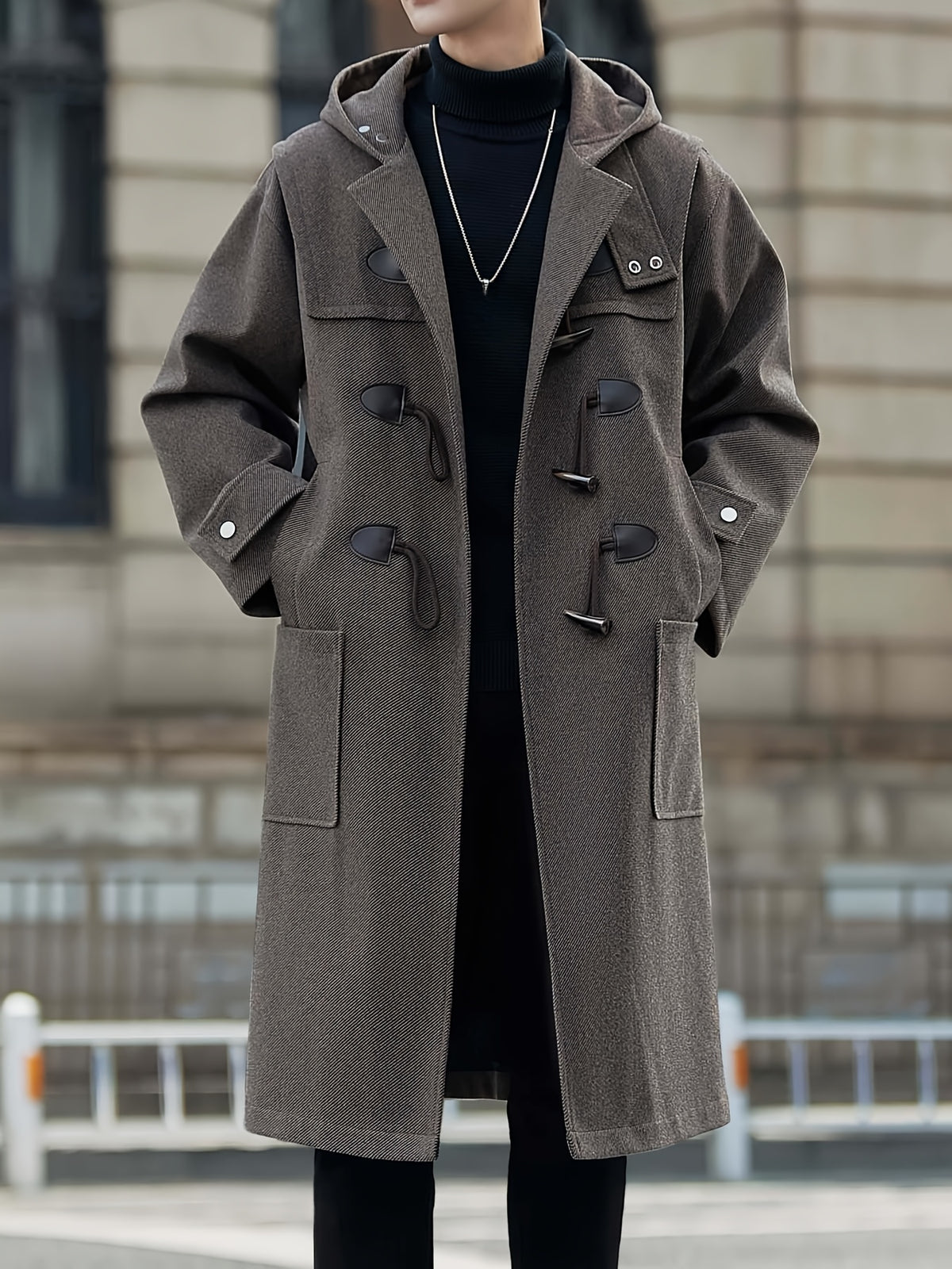Trench long pour homme, à capuche, café