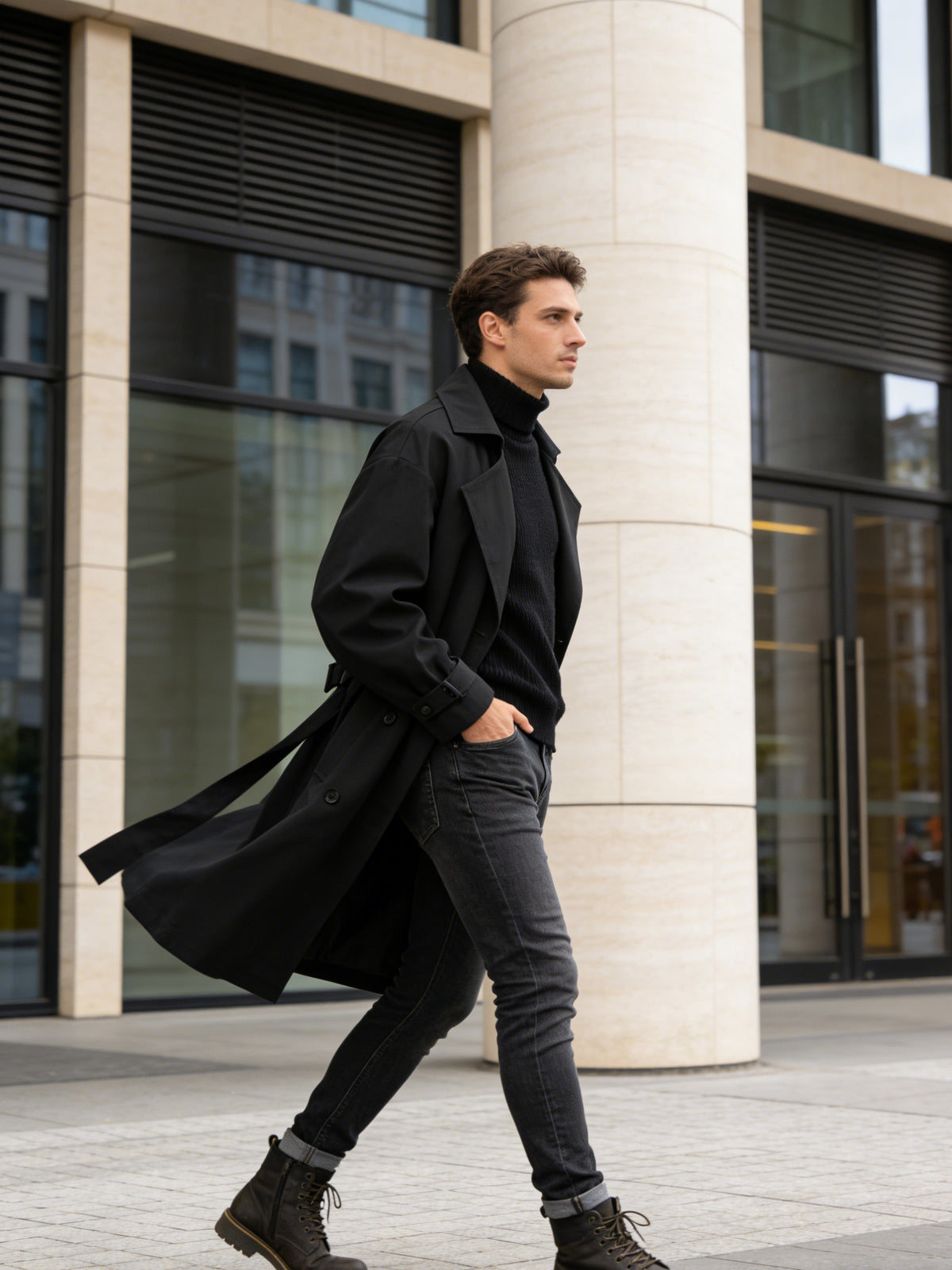 Trench mi-long pour homme, à revers, mi-long