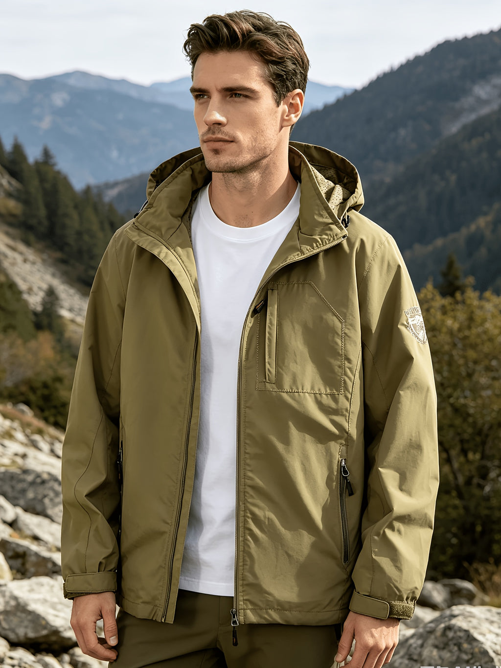 Veste longue, coupe-vent, à capuche, bleu marine, détail du vêtement