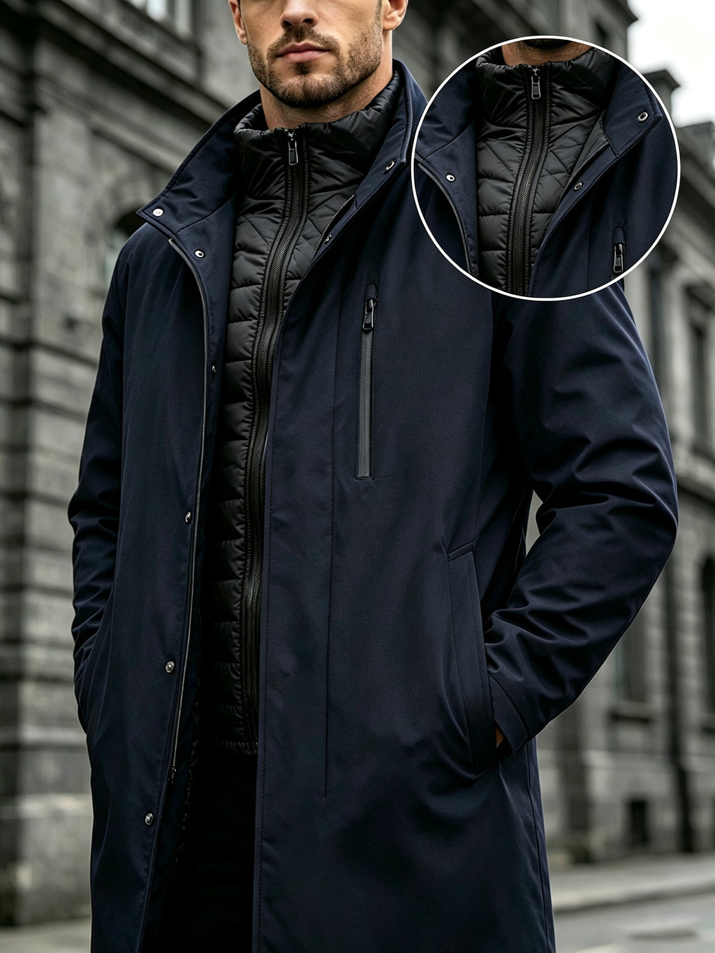 Manteau matelassé long pour homme, à col montant