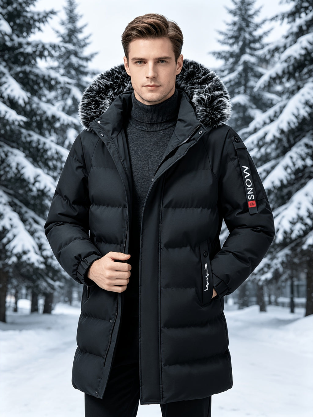 Manteau matelassé pour homme, capuche amovible, col montant