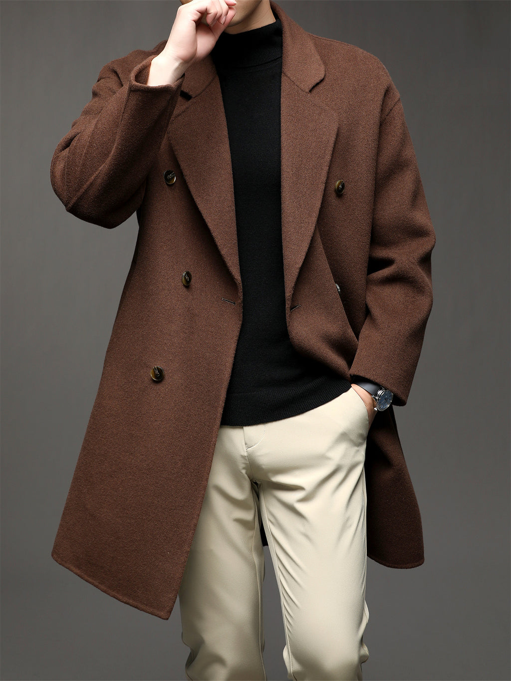 Manteau mi-long en laine pour homme, 70 % laine, col à revers