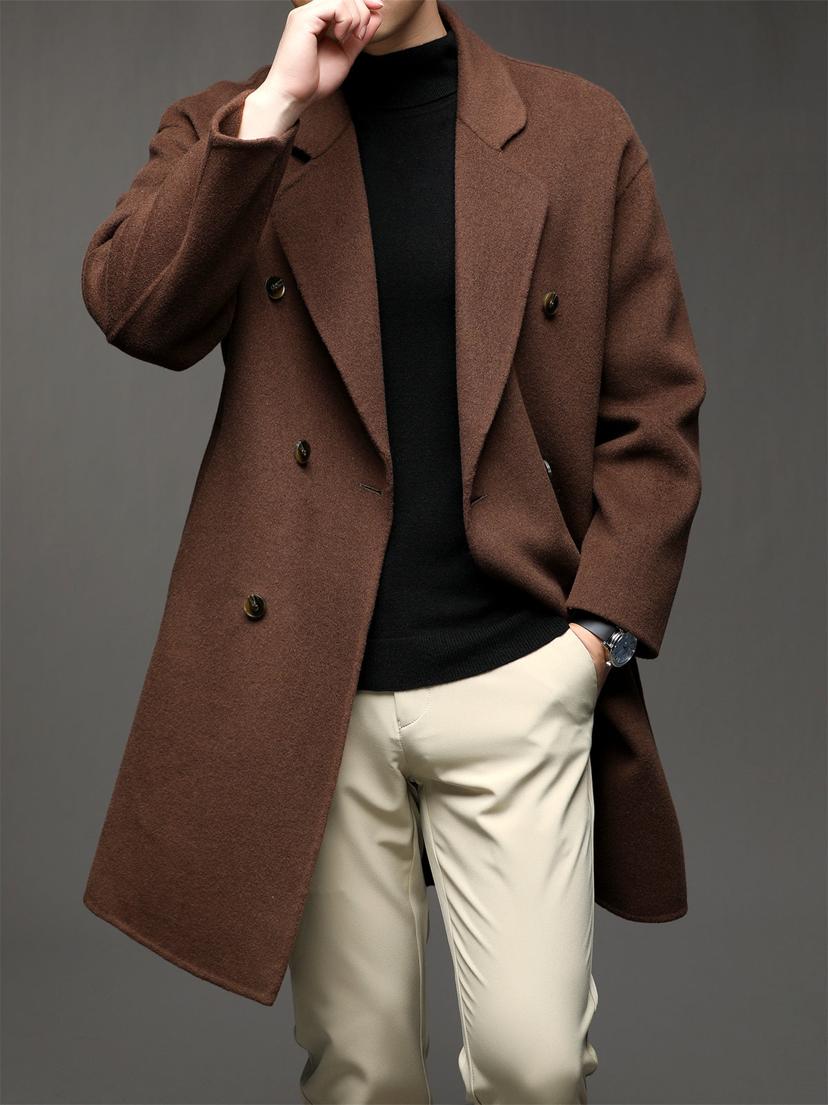 Manteau mi-long en laine pour homme, 70 % laine, col à revers