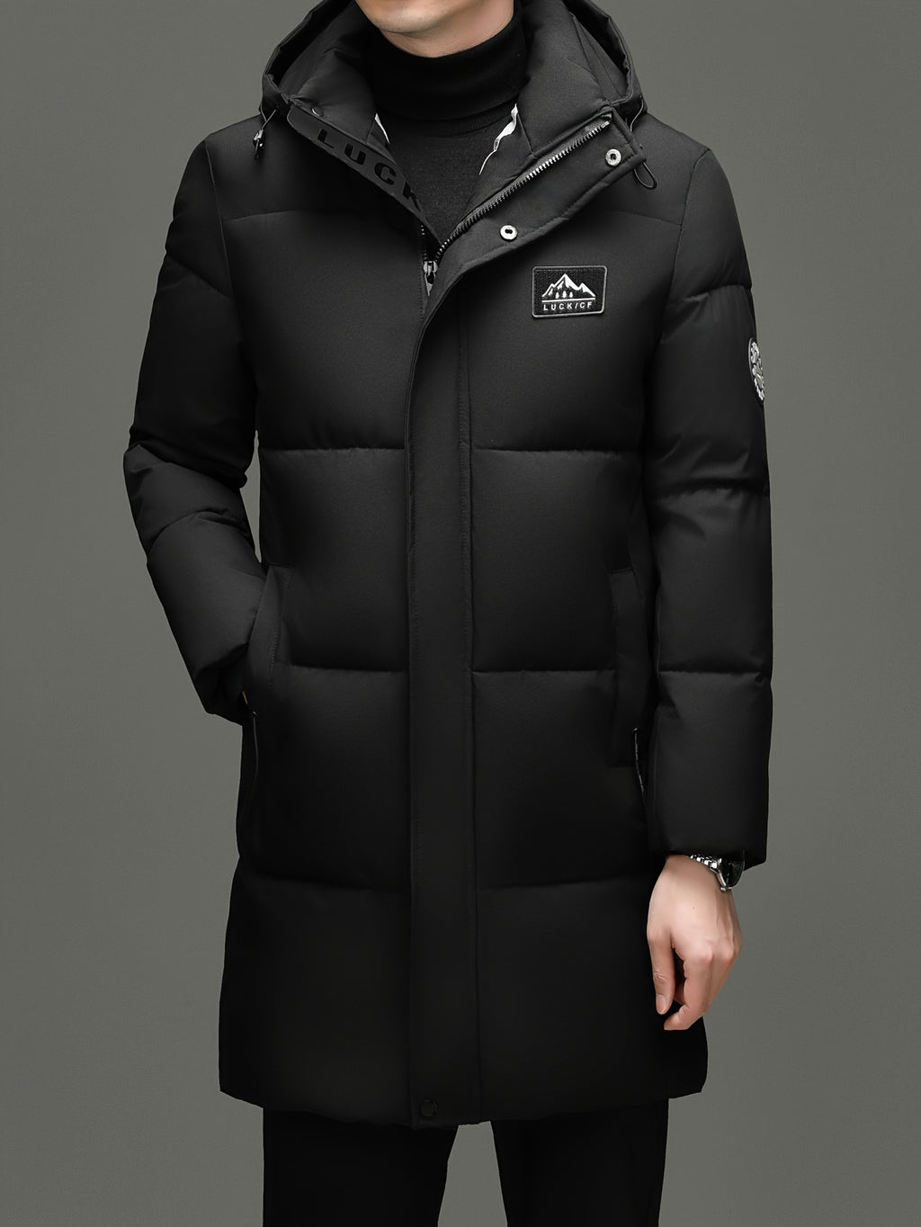 Manteau matelassé long pour homme, à capuche, noir