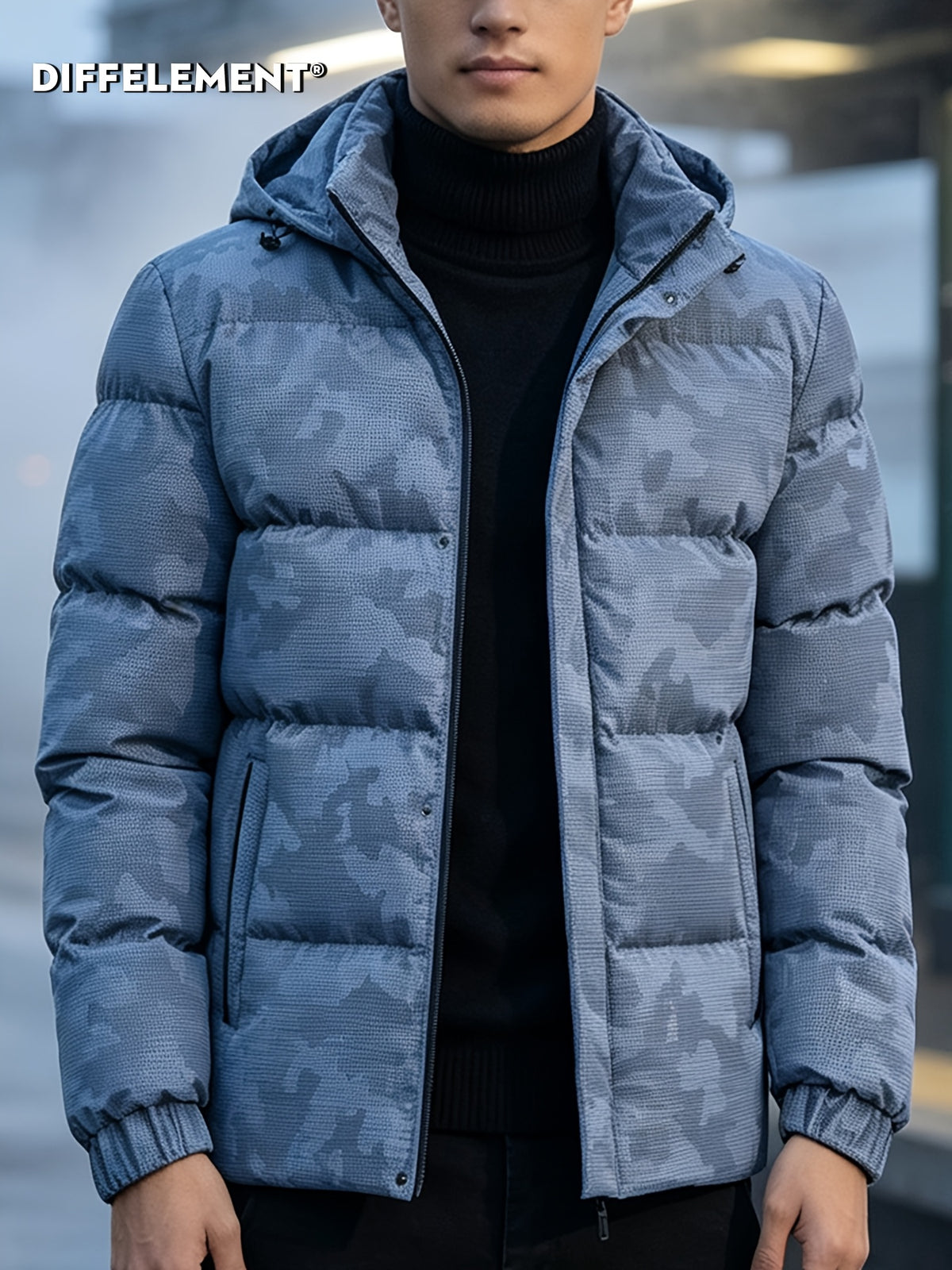Manteau matelassé pour homme, coupe-vent, à capuche, bleu clair