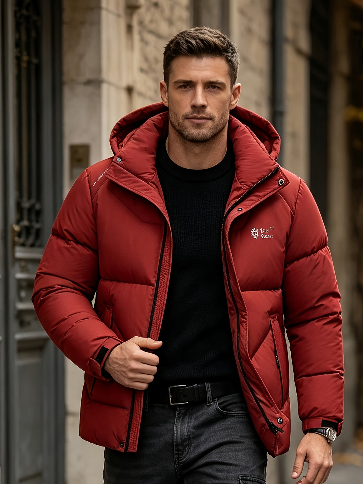 Veste matelassée pour homme, coupe-vent, à capuche, rouge brique