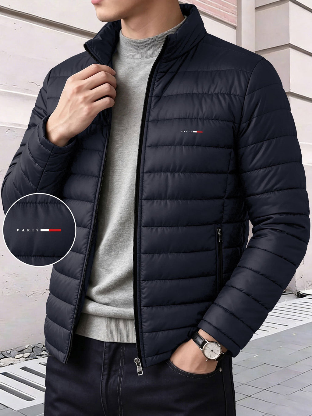 Manteau matelassé pour homme, à rayures, à col montant