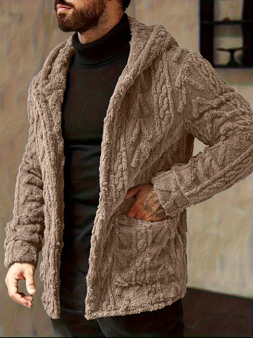 Veste en fausse fourrure pour homme, polaire, à capuche