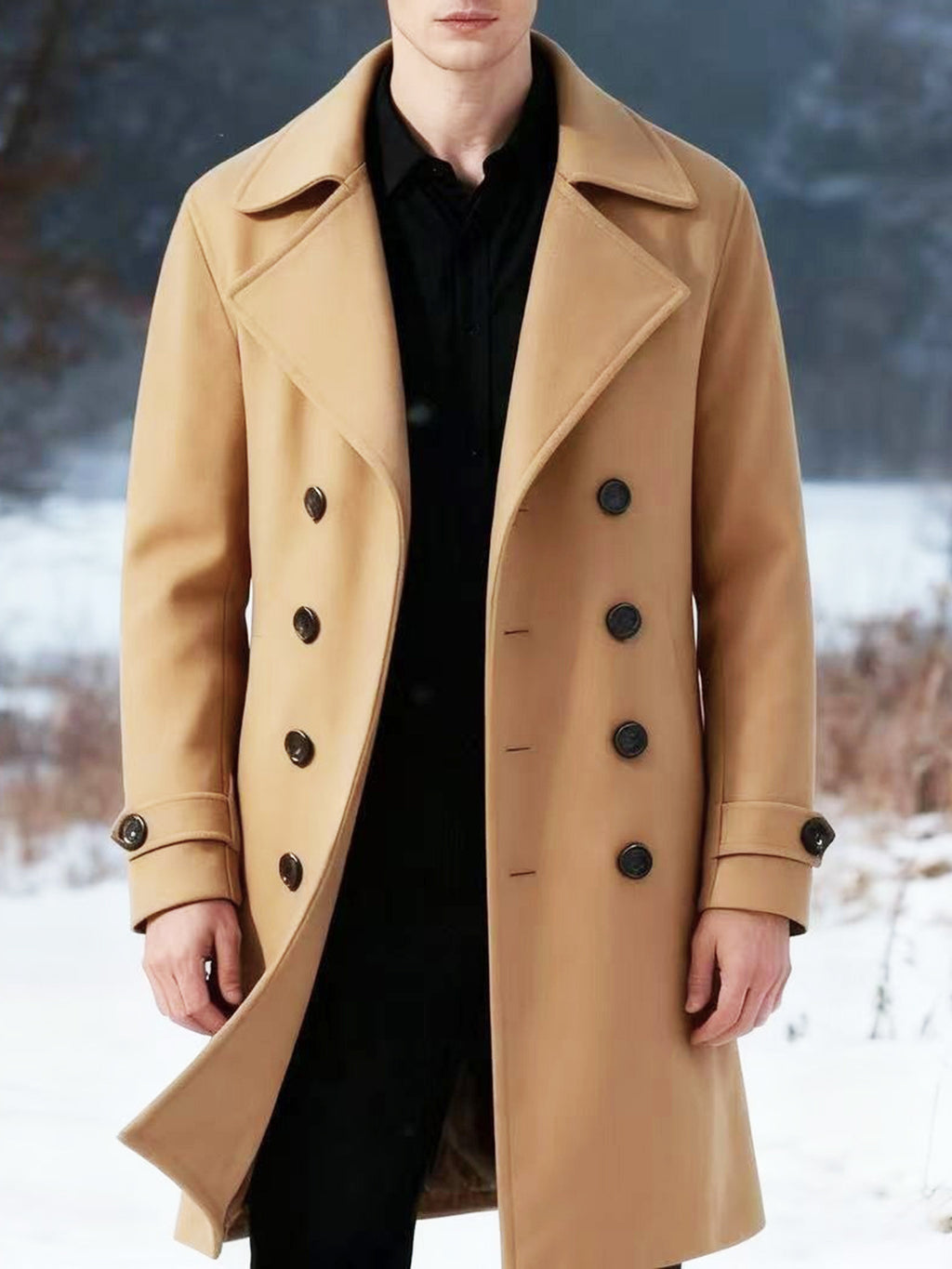 Manteau long pour homme, à revers, gris foncé
