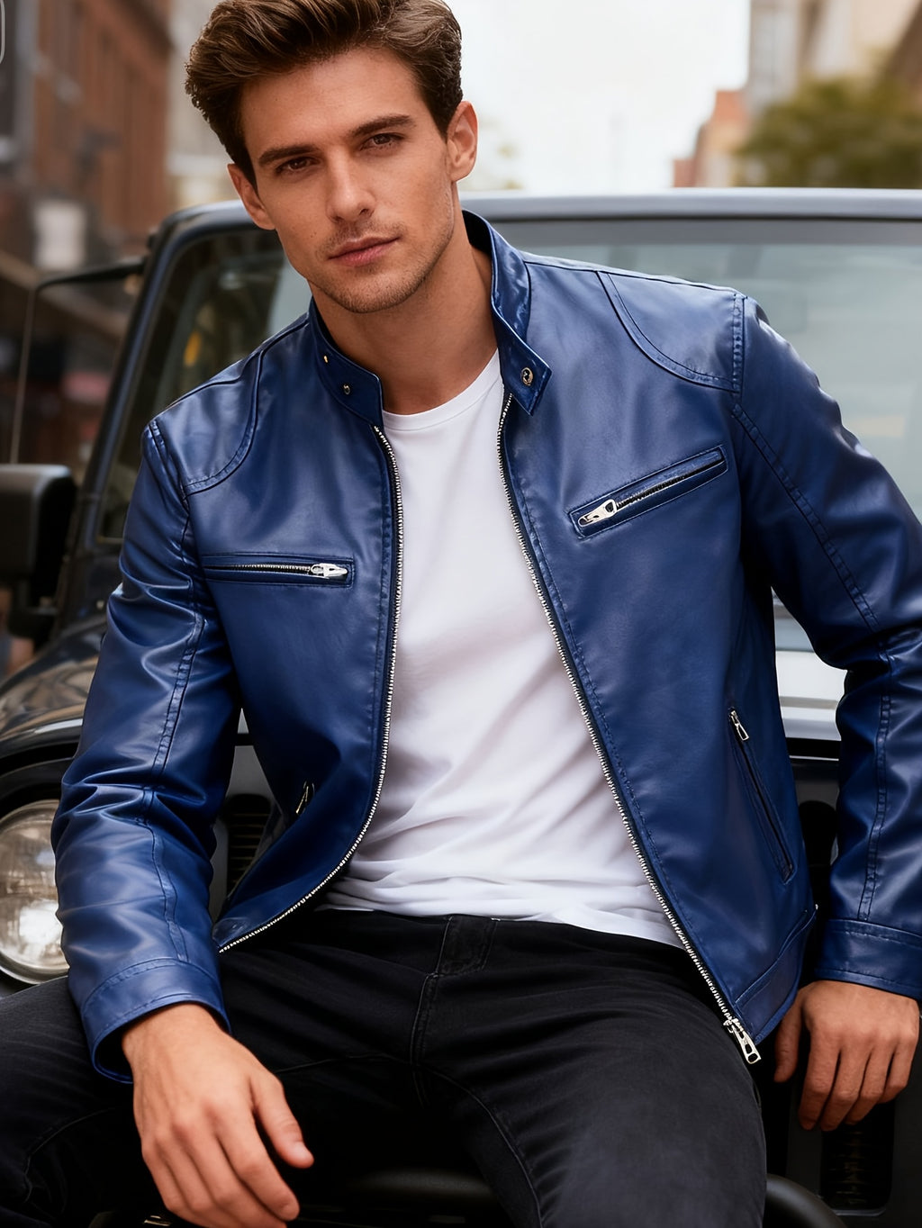 Veste, à col montant, bleu, détail du vêtement